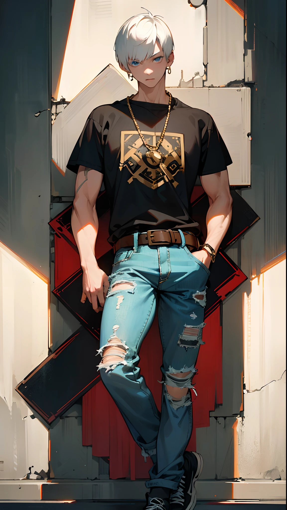 (masterpiece, best quality:1.3),beautiful detailed glow,best illuminate,(((best quality,textile shading,ultra detailed))),extremely detailed CG unity 8k wallpaper,Highly Detailed beautiful and aesthetic,best light,high resolution,detailed,dynamic lighting , 1Character , pastel washed out colors , cell shade , soft, muted shades ,gentle colors
He wears an oversized, black graphic tee featuring a dynamic mix of graffiti designs, vivid patterns, and urban artwork, The tee has a relaxed fit and hangs loosely, loose-fitting, distressed denim jeans with intricate embroidery, graffiti lettering, and patches, leather belt adorned with oversized buckles, high-top sneakers in a bold shade of red, with chunky soles , chunky gold chain necklace, oversized hoop earrings,
Handsome man , White hair , very Short hair, ((crew cut hair style:1 )) , Blue eyes , light skin , ((muscular:1)),masculine ,age 28,