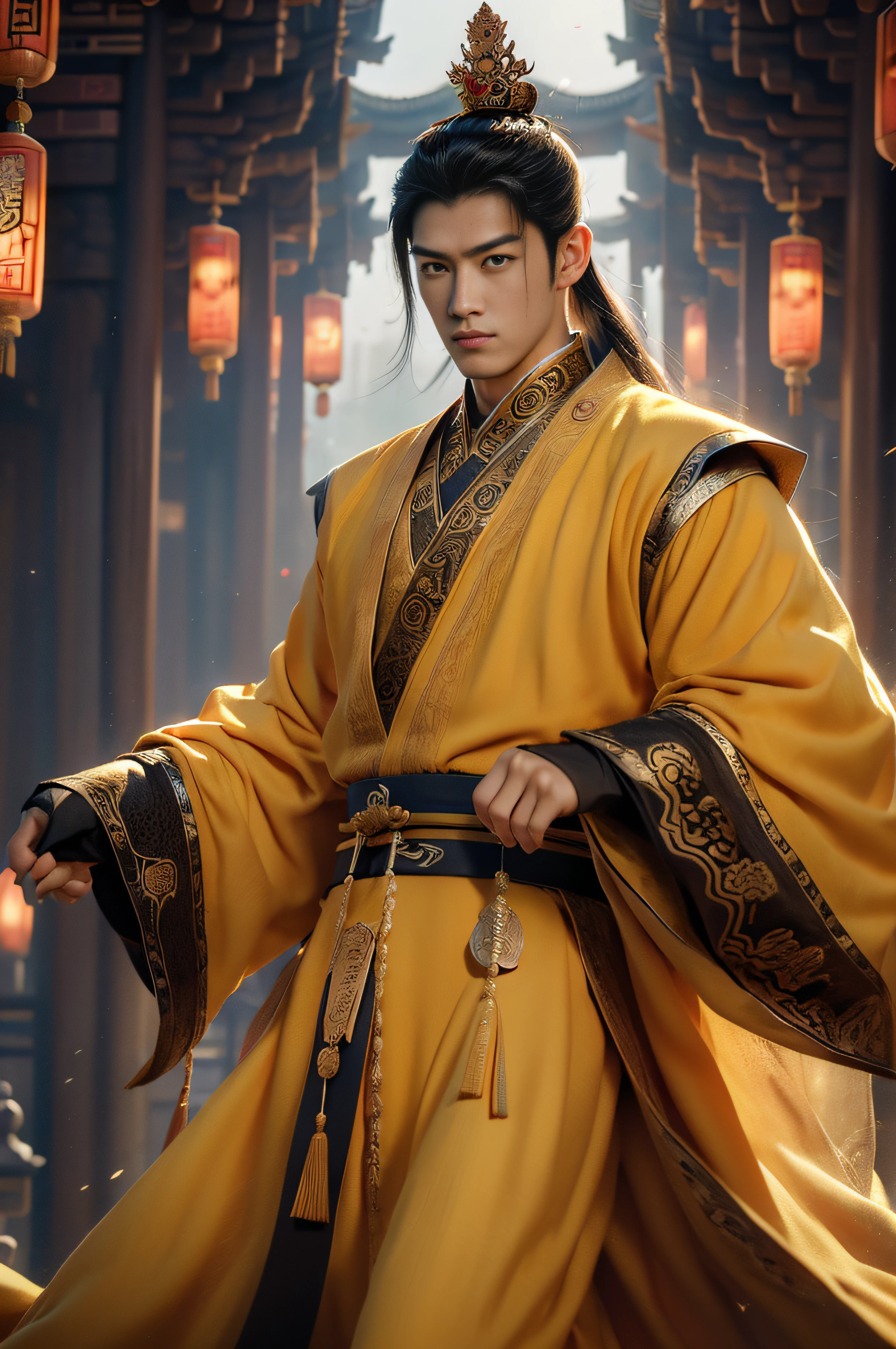 Epic CG masterpiece, Emperor of the Tang Dynasty of China,author：Guopei martial arts,Handsome, The greatest masculinity, Straight crown, golden robes, palace background, Tang dynasty, royal, dynamicposes, Stunning colors, 3D rendering of, surrealism, Cinematic lighting effects, Realism, 00 Renderer, Super realistic,