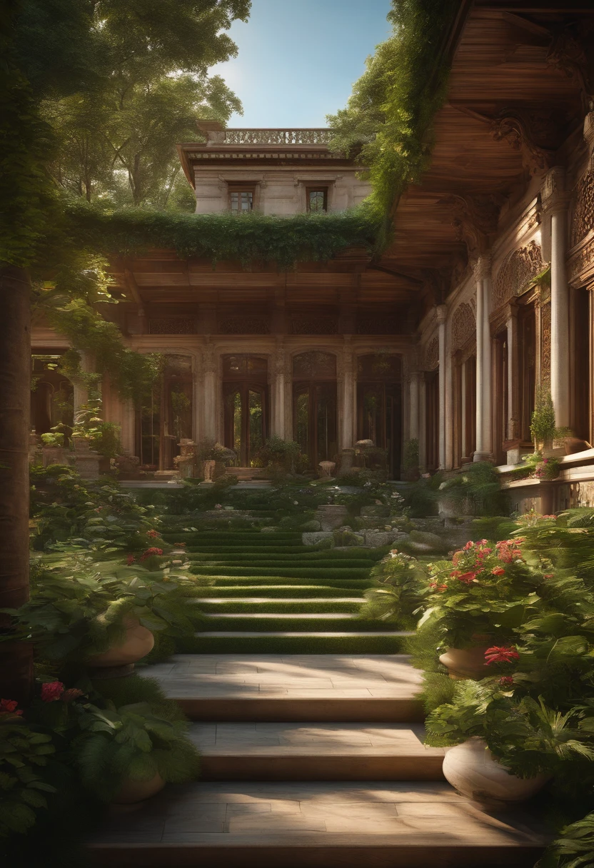 A wooden mansion in the heart of the Forest, Casa da Harmonia, welcoming people of all backgrounds. (best quality,4k,8k,highres,masterpiece:1.2), ultra-detailed, (realistic,photorealistic,photo-realistic:1.37), HDR, studio lighting, vivid colors. The mansion stands tall amidst the lush greenery, emanating a sense of grandeur and serenity. The intricate wooden architecture boasts elaborate carvings and ornate details, showcasing the master craftsmanship. The sunlight filters through the dense foliage, casting a warm and ethereal glow on the mansion's facade. The surrounding forest is teeming with life, with vibrant flora and fauna creating a harmonious atmosphere. A gentle breeze rustles the leaves, whispering secrets of the forest. (optional) A winding path leads to the mansion, lined with colorful flowers and delicate ferns. Birds flutter and chirp, adding melodies to the tranquil ambiance. The interior of the mansion features exquisite wooden furniture, combining comfort and elegance. Large windows and high ceilings allow ample natural light to flood the rooms, creating a refreshing and airy feel. The harmonious blending of nature and human creation makes Casa da Harmonia a sanctuary for all who seek solace and inspiration.
