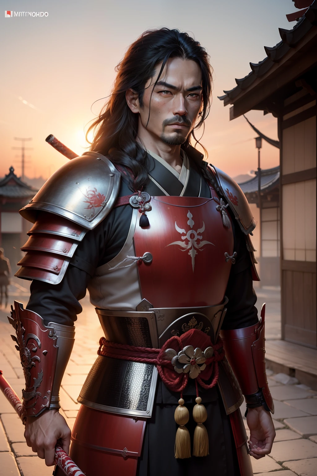 ((top-quality)), ((masterpiece)), ((Photorealsitic)), (ultra-detailliert),(Upper body only),(Detailed facial features)、(Sunset time)、(early evening)、(The time when the afternoon has passed)、(clothed)、twinks、 No watermark signature, The background is the battlefield、fight、Old times、Old-fashioned world, 细致背景,, insanely detaileda,shaven, complexly detailed, ((masterpiece)), absurderes, HDR, UHD, 8K, (Align Center, Frame Center), (foco nítido, charactor focus), 1male people, japanese samurai,Red armor、 japanes、Wearing Japan red armor,Red armor、Sengoku Warlord, well-muscled、brave、 male people, samurais、samurais