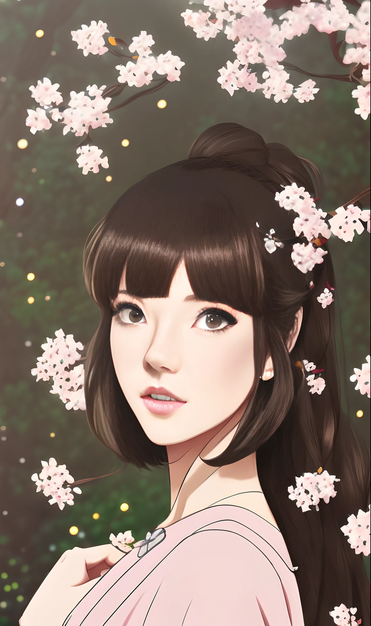 A woman with light ash brown hair in a shoulder length bob with bangs, large hazel eyes, pink dress, curvy figure, in Ghibli art style