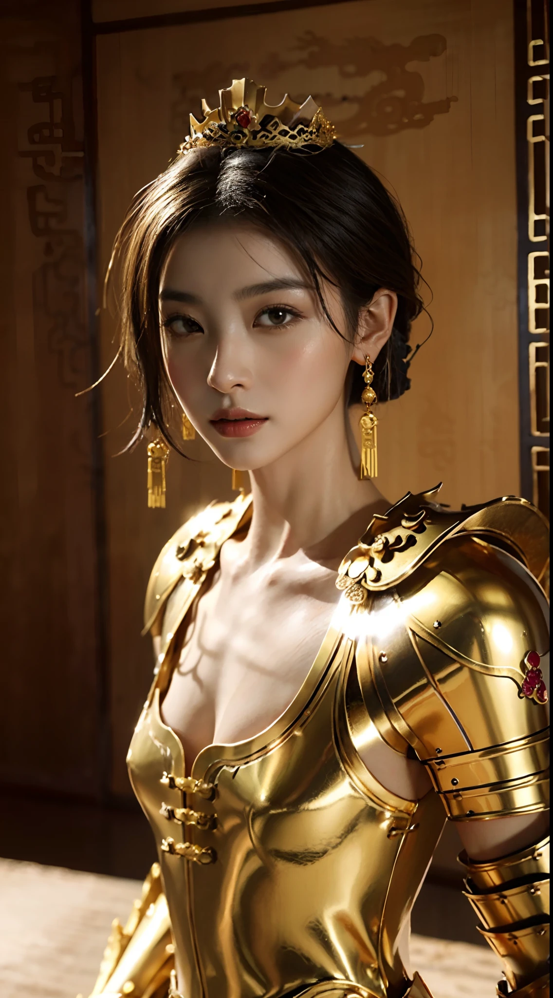 small head, (perfect bodies: 1.1), (short-length straight black short hair: 1.2), （极其细致的CG 8k壁纸），（Extremely refined and beautiful），（masterpiece），（best qualtiy：1.0），（超高分辨率：1.0），[A high resolution],Mighty,serious,(Smooth and flawless fair skin:1.5),(shiny skin:1.5),(ultra - detailed,(Small breasts:1.1),Flat chest,Slim,thin,(Gorgeous Chinese Dragon Style Empress golden Armor:1.5),jewels,Necklaces, earrings, rings, bracelets,(in Luxury Chinese Palace:1.5)，from front，(Close shot:1.3),cowboy shot,Portrait