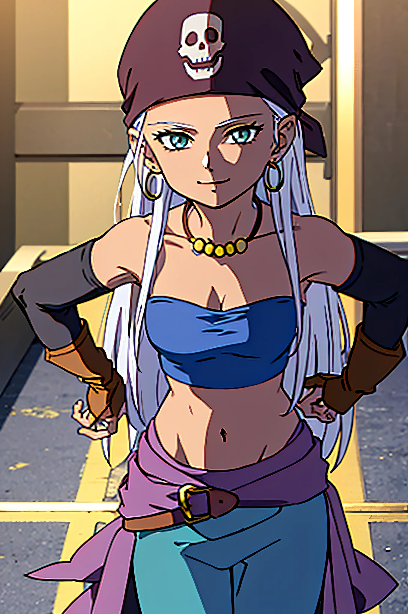 ZOLA, LONG HAIR, EARRINGS, WHITE HAIR, JEWELRY, BANDANA, DARK SKIN, DARK-SKINNED FEMALE, PIRATE, cleavage, tube top, gloves, midriff, 1girl, solo, facing viewer, looking at viewer, smile.