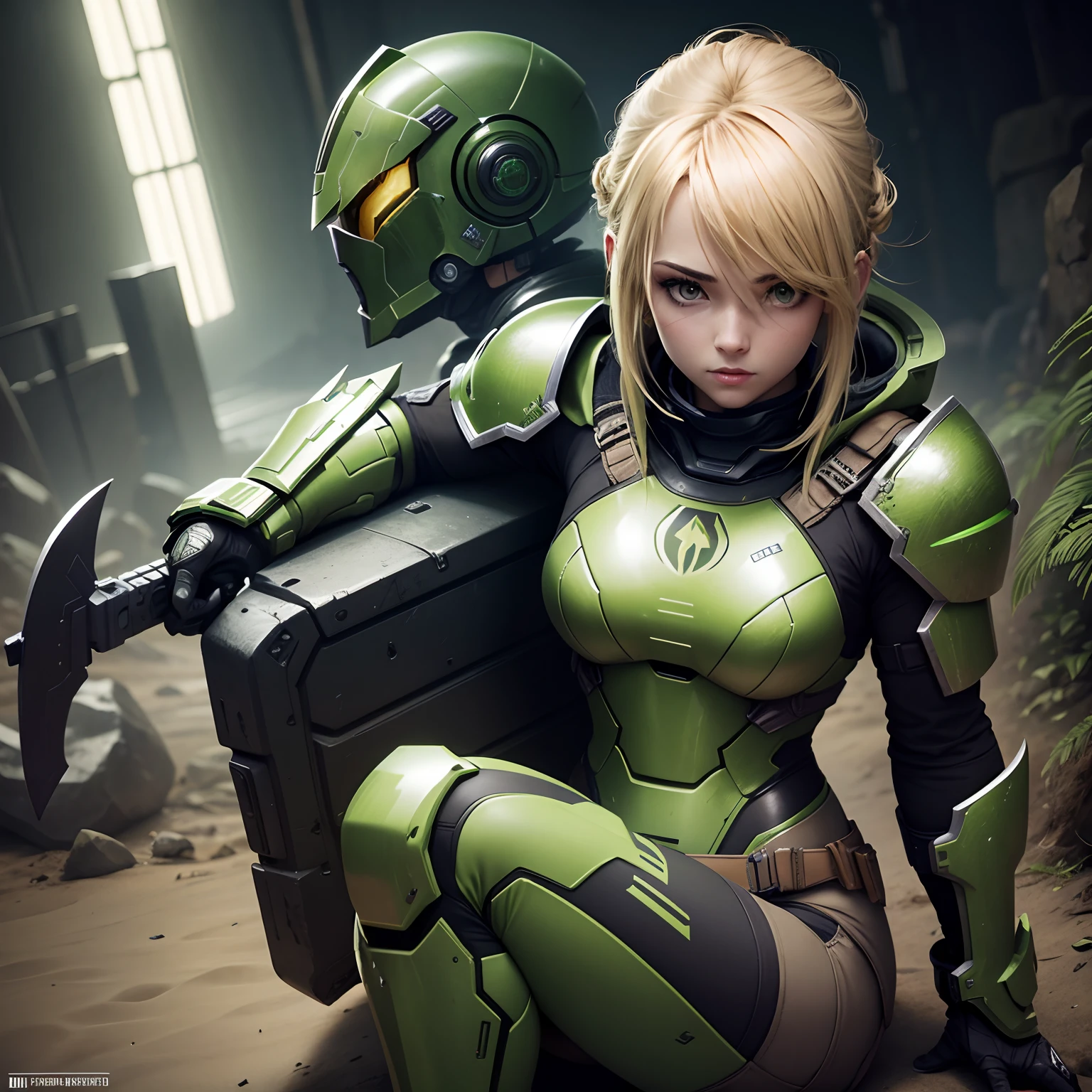 1 chica, rubia, ojos verde, armadura Spartan halo, armadura Mjolnir