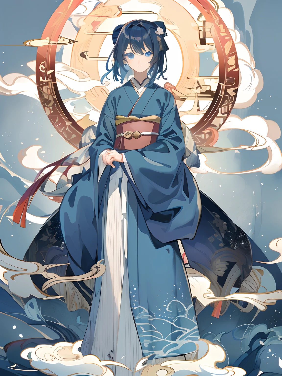 ((tmasterpiece:1.4、top-quality)) 、Black and blue gradient hair color,mid - length hair,There is a flower hair ornament on the head,komono,blue color eyes,CG,k hd,Hair color gradient,llight rays