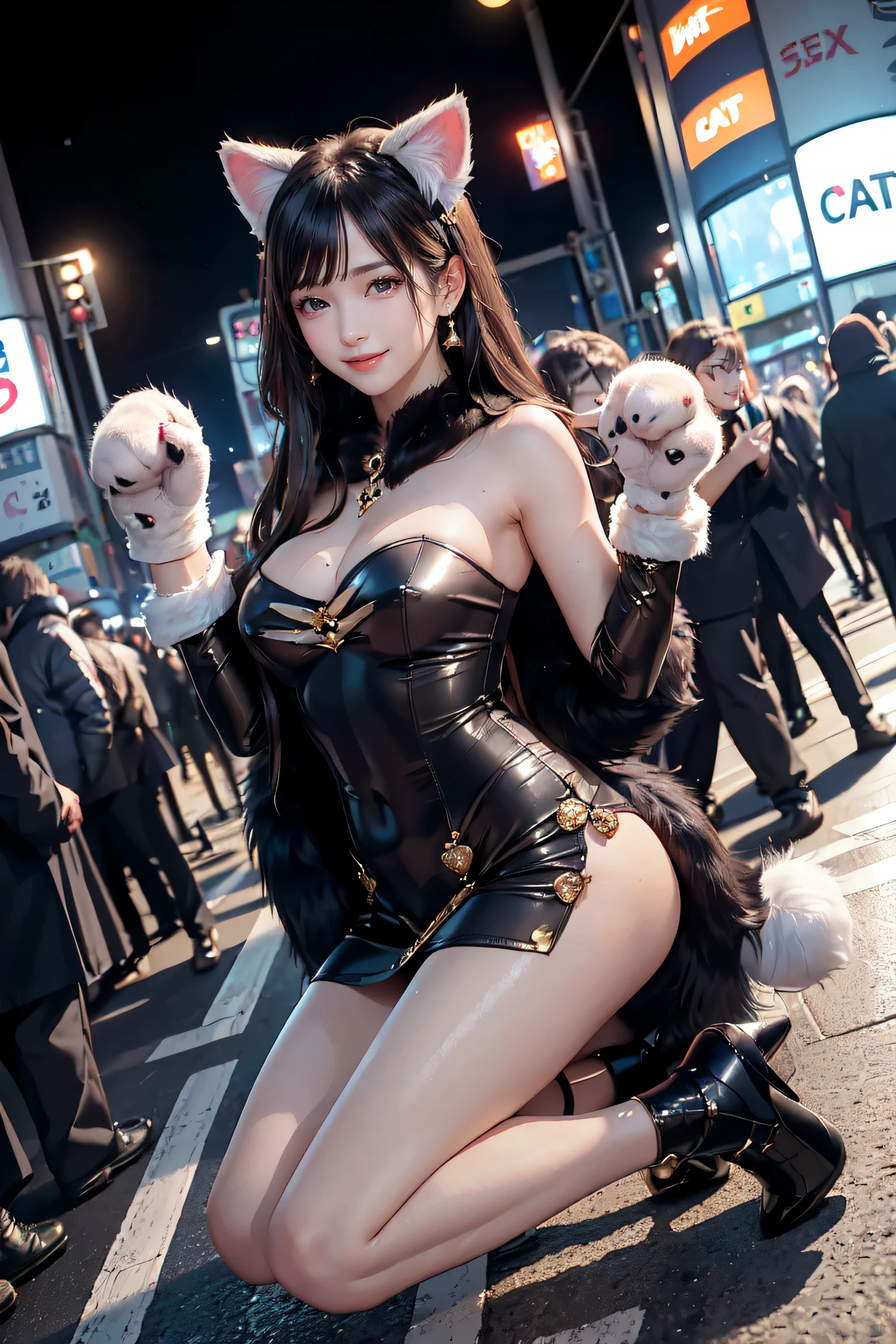 masterpiece, top-quality, top-quality, Beautifully Aesthetic:1.2, 1girl, Halloween night, ((Wearing a high-quality costume of fur of cat, gloves of cat, cat paw-shaped shoes, fur miniskirt):1.2), (Silver pin heels:1.1), high detailed, (kneeling with paw pose:1.3), large breasts, firm breast, nicely shaped breasts, slender figure, 
((Dark Brown Hair)), wavy hair, (medium long hair:1.2), 
((in the middle of very crowded Shibuya's scramble crossing at late night:1.2)), ((Surrounded by people wearing many costumes)), (Full body shot:1.1), ((Wide-Angle:1.3)),