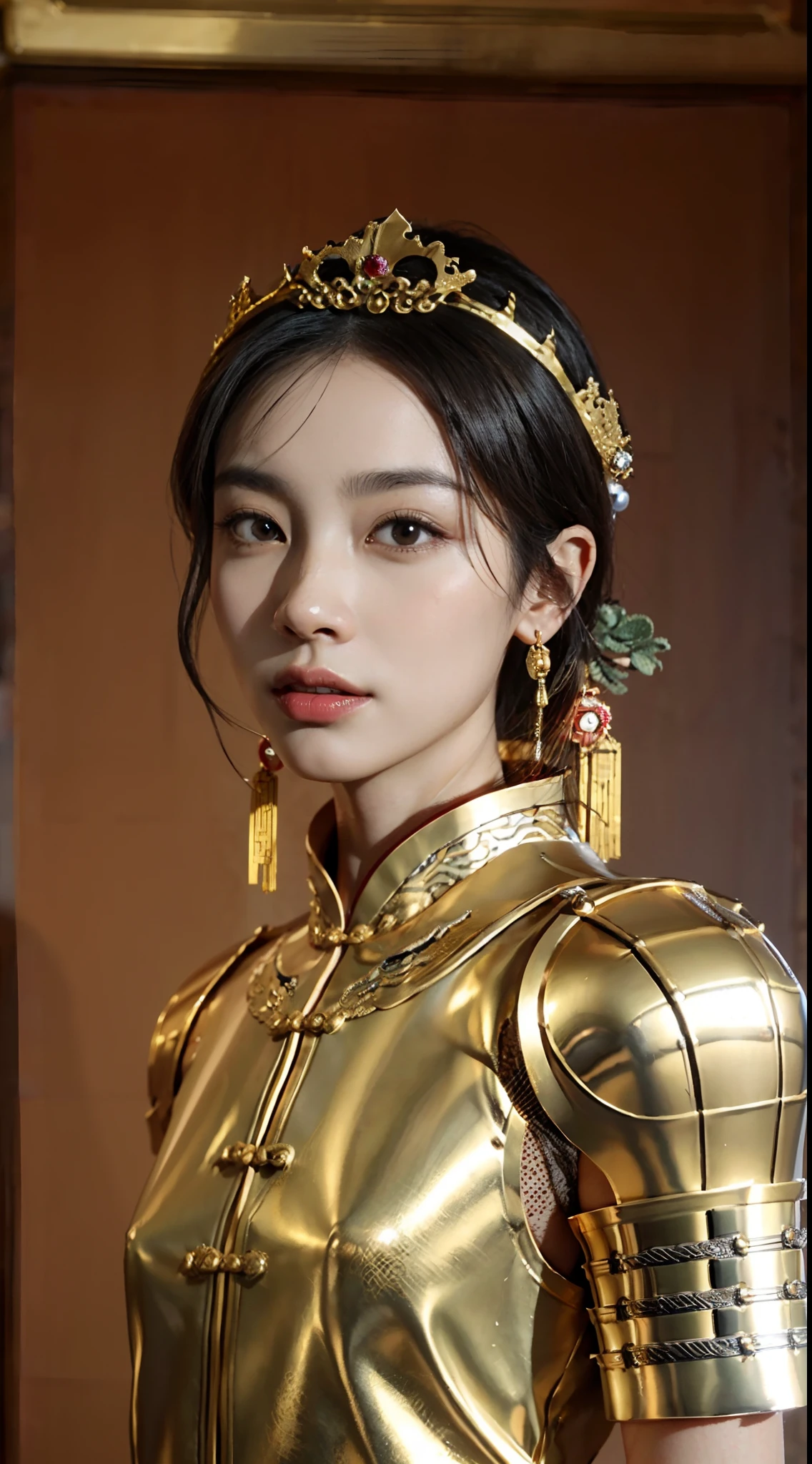small head, (perfect bodies: 1.1), (short-length straight black short hair: 1.2), （极其细致的CG 8k壁纸），（Extremely refined and beautiful），（masterpiece），（best qualtiy：1.0），（超高分辨率：1.0），[A high resolution],Mighty,serious,(Smooth and flawless fair skin:1.5),(shiny skin:1.5),(ultra - detailed,(Small breasts:1.1),Flat chest,Slim,thin,(Gorgeous Chinese Dragon Style Empress golden Armor:1.5),jewels,Necklaces, earrings, rings, bracelets,(in Luxury Chinese Palace:1.5)，from front，(Close shot:1.3),cowboy shot,Portrait