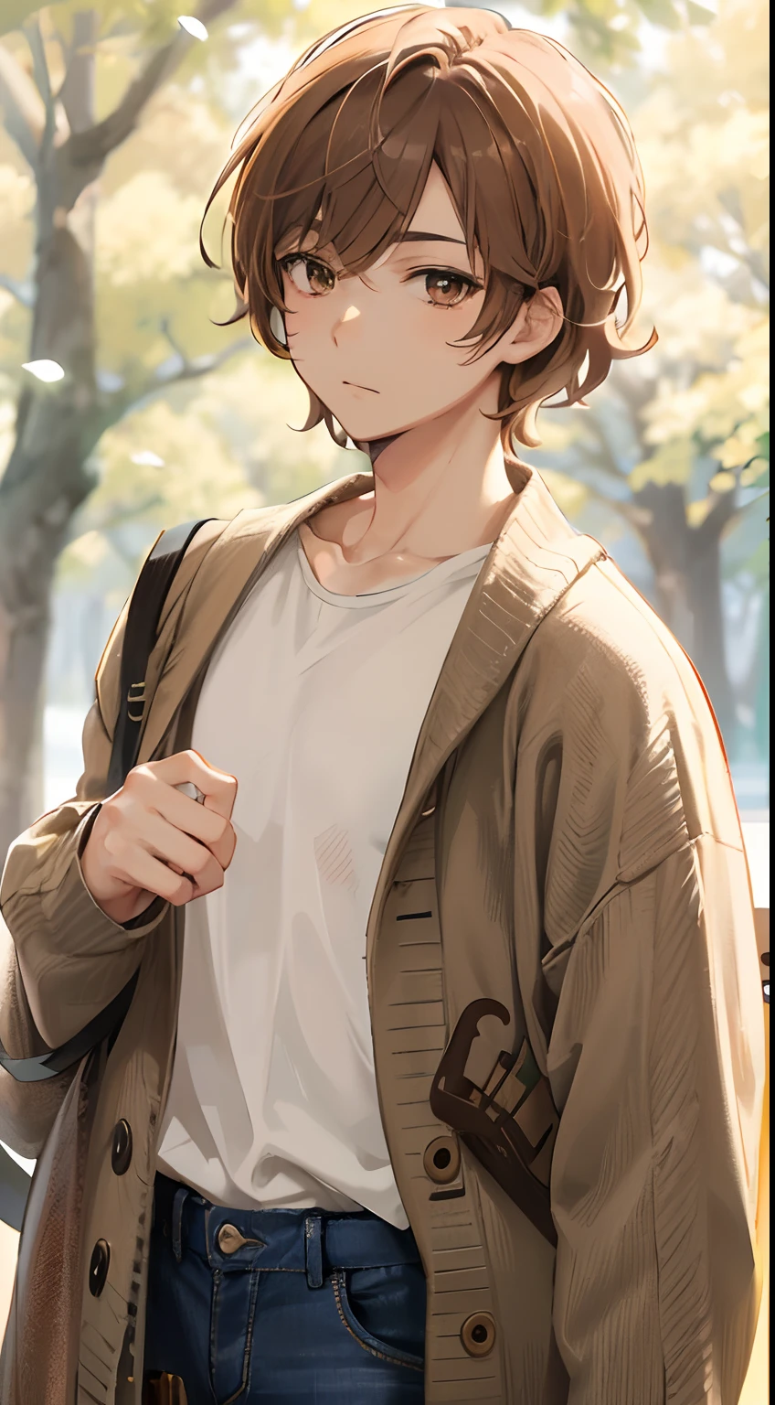 Japanese anime, close-up on male, beautiful young man, chestnut hair, wavy hair, beige cardigan, brown tank top, jeans, background of trees,high quality, amount of drawing, pixiv illustration