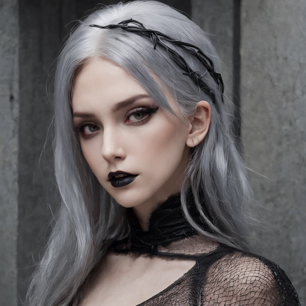 Girl in symbolic clothes of Gothic net, 。.。.com (Barbed wire for the body) brunette color hair,Gray hair ends