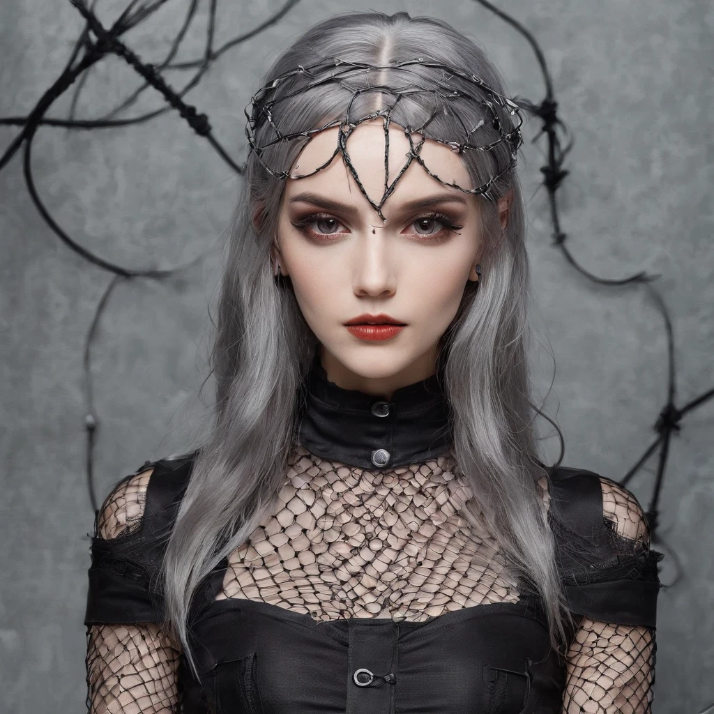 Girl in symbolic clothes of Gothic net, 。.。.com (Barbed wire for the body) brunette color hair,Gray hair ends