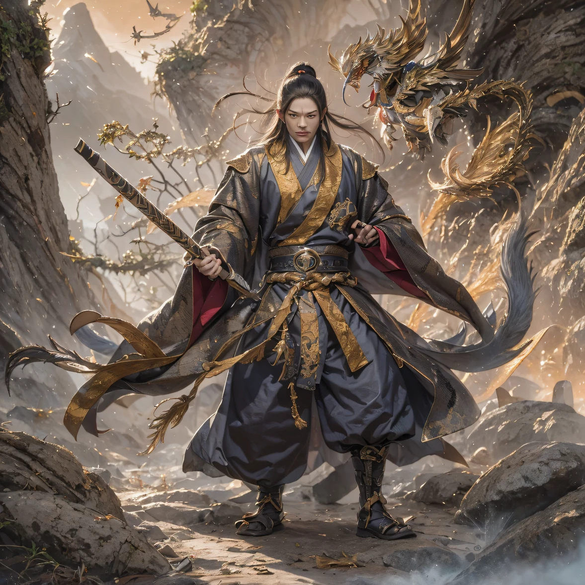 (((Fight scenes)))((Luohan Fist))((Seven Star Fist))(Pedal towards the sky)Qin Yu flew into the Immortal Demon Realm, Chance encounter with Liu Hanshu, He saw in him his former self, It was decided to take him as an apprentice, Teach him how to protect himself, But because of the Tibetan star map, He established relationships with the Liu family and the Jade Sword Sect, It opens with the death of Liu Hanshu, Qin Yu embarked on the road of confrontation with a strong enemy, Working hard, Make yourself stronger, Stick to your own core path of justice, I also want to protect the people I care about, The three brothers took off, And embarked on a long journey to find a good brother, Qin Yu, Where are Xiao Hei and Hou Fei(canyons)Climb the streets(Doomsday Stream)eyes filled with angry,He clenched his fists,Rush up,Deliver a fatal blow to your opponent,full bodyesbian,Full Body Male Mage 32K(Masterpiece Canyon Ultra HD)Long flowing black hair,Campsite size,zydink, The wounded lined up in the streets(canyons)Climb the streets, The scene of the explosion(canyons), (Linen batik scarf), Angry fighting stance, looking at the ground, Batik linen bandana, Chinese python pattern long-sleeved garment, canyons(Abstract propylene splash:1.2), Dark clouds lightning background,Flour flies(realisticlying:1.4),Black color hair,Flour fluttering,rainbow background, A high resolution, the detail, RAW photogr, Sharp Re, Nikon D850 Film Stock Photo by Jefferies Lee 4 Kodak Portra 400 Camera F1.6 shots, Rich colors, ultra-realistic vivid textures, Dramatic lighting, Unreal Engine Art Station Trend, cinestir 800,Flowing black hair,(((Tournament)))The wounded lined up in the streets(vale)Climb the streets,Movie master real-time image quality