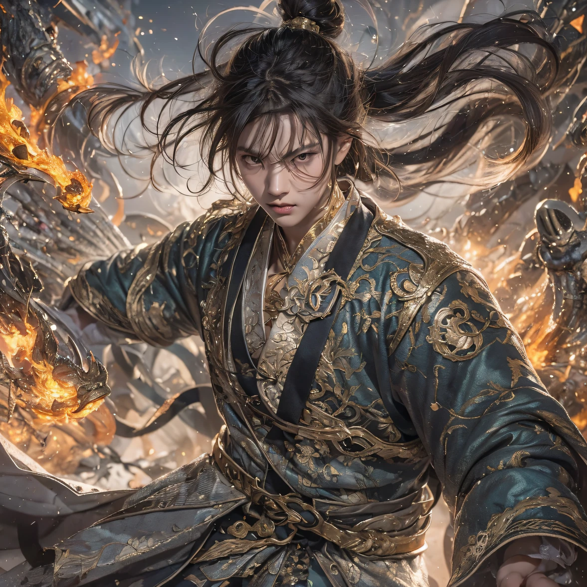 (((Fight scenes)))((Luohan Fist))((Seven Star Fist))(Pedal towards the sky)Qin Yu flew into the Immortal Demon Realm, Chance encounter with Liu Hanshu, He saw in him his former self, It was decided to take him as an apprentice, Teach him how to protect himself, But because of the Tibetan star map, He established relationships with the Liu family and the Jade Sword Sect, It opens with the death of Liu Hanshu, Qin Yu embarked on the road of confrontation with a strong enemy, Working hard, Make yourself stronger, Stick to your own core path of justice, I also want to protect the people I care about, The three brothers took off, And embarked on a long journey to find a good brother, Qin Yu, Where are Xiao Hei and Hou Fei(canyons)Climb the streets(Doomsday Stream)eyes filled with angry,He clenched his fists,Rush up,Deliver a fatal blow to your opponent,full bodyesbian,Full Body Male Mage 32K(Masterpiece Canyon Ultra HD)Long flowing black hair,Campsite size,zydink, The wounded lined up in the streets(canyons)Climb the streets, The scene of the explosion(canyons), (Linen batik scarf), Angry fighting stance, looking at the ground, Batik linen bandana, Chinese python pattern long-sleeved garment, canyons(Abstract propylene splash:1.2), Dark clouds lightning background,Flour flies(realisticlying:1.4),Black color hair,Flour fluttering,rainbow background, A high resolution, the detail, RAW photogr, Sharp Re, Nikon D850 Film Stock Photo by Jefferies Lee 4 Kodak Portra 400 Camera F1.6 shots, Rich colors, ultra-realistic vivid textures, Dramatic lighting, Unreal Engine Art Station Trend, cinestir 800,Flowing black hair,(((Tournament)))The wounded lined up in the streets(vale)Climb the streets,Movie master real-time image quality