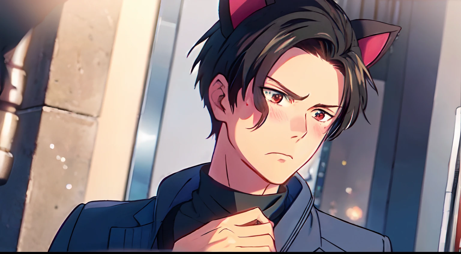 masterpiece, 1Man, luci, red eyes, black hair, angry blush, cat ears, black turtleneck, blue cardigan, necklace, close up, pouting, (looking away)