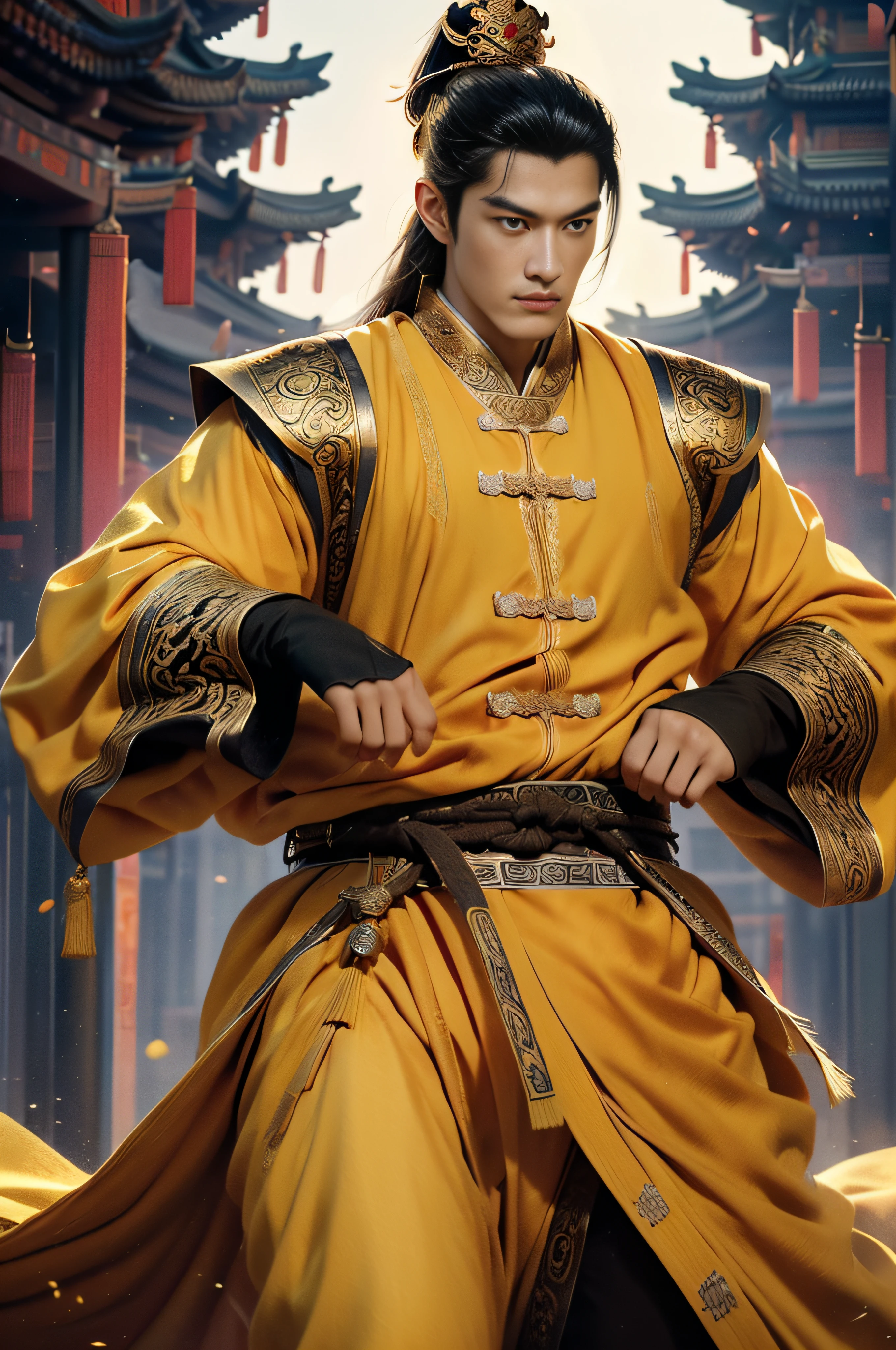 Epic CG masterpiece, Emperor of the Tang Dynasty of China,author：Guopei martial arts,Handsome, The greatest masculinity, Straight crown, golden robes, palace background, Tang dynasty, royal, dynamicposes, Stunning colors, 3D rendering of, surrealism, Cinematic lighting effects, Realism, 00 Renderer, Super realistic,