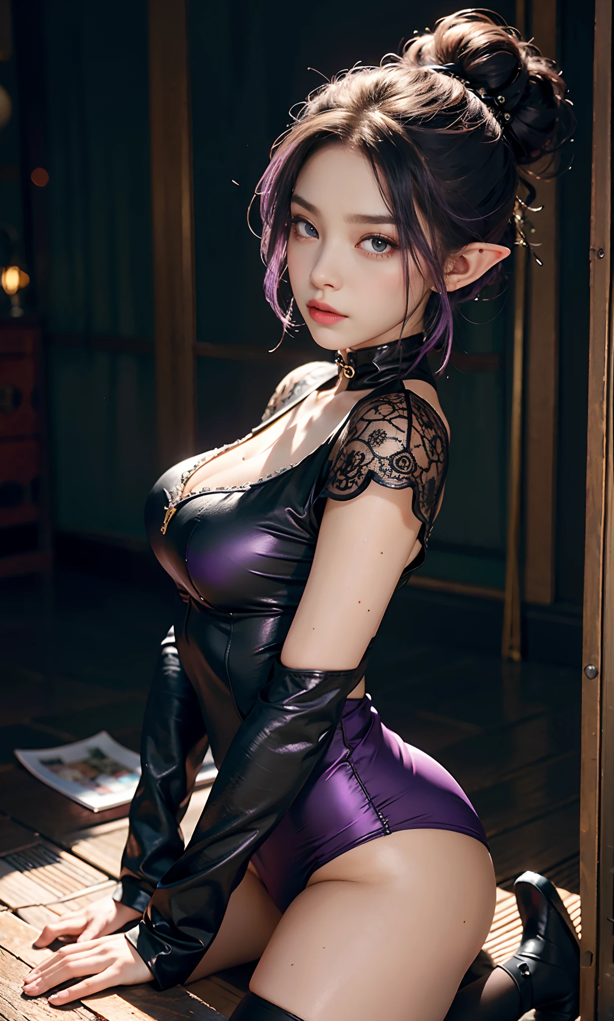 (raining day:1 bun lady,Purple hair combed into a bun, Kneeling pose), tmasterpiece, best qualtiy, RAW photogr, realisticlying, the face, Incredibly Ridiculous res, Beautiful elf beauty, ear studs,Get wet all over, (Light purple ultra-short hair,hair-bun), black formal,tiese,(black lence stockings),Black stockings,(no shoe),depth of fields, A high resolution, ultra - detailed, filigree, RAWE is very detailed, very detailed eyes and faces, Sharp pupils, realistic pupil, tack sharp focus, cinmatic lighting,full bodyesbian,Bigboobs,long leges,From the front side,Main street on a rainy day,dynamicposes