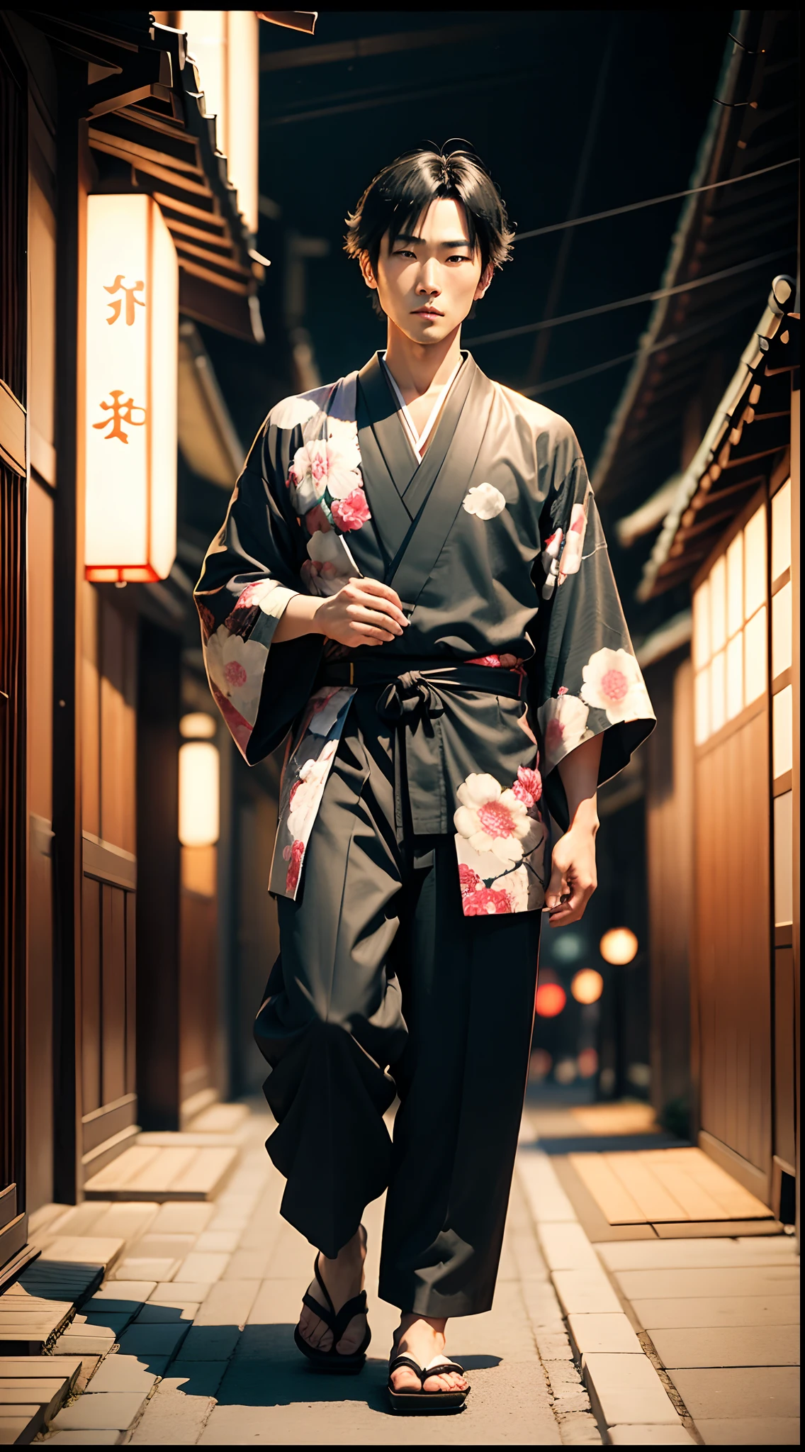 Japanese man, cool, handsome, kimono,black hair,thief, Japanese edo period, recovered photograph,walk in nigt city ,steal money(disposable film: 1.2), bad lighting, dim