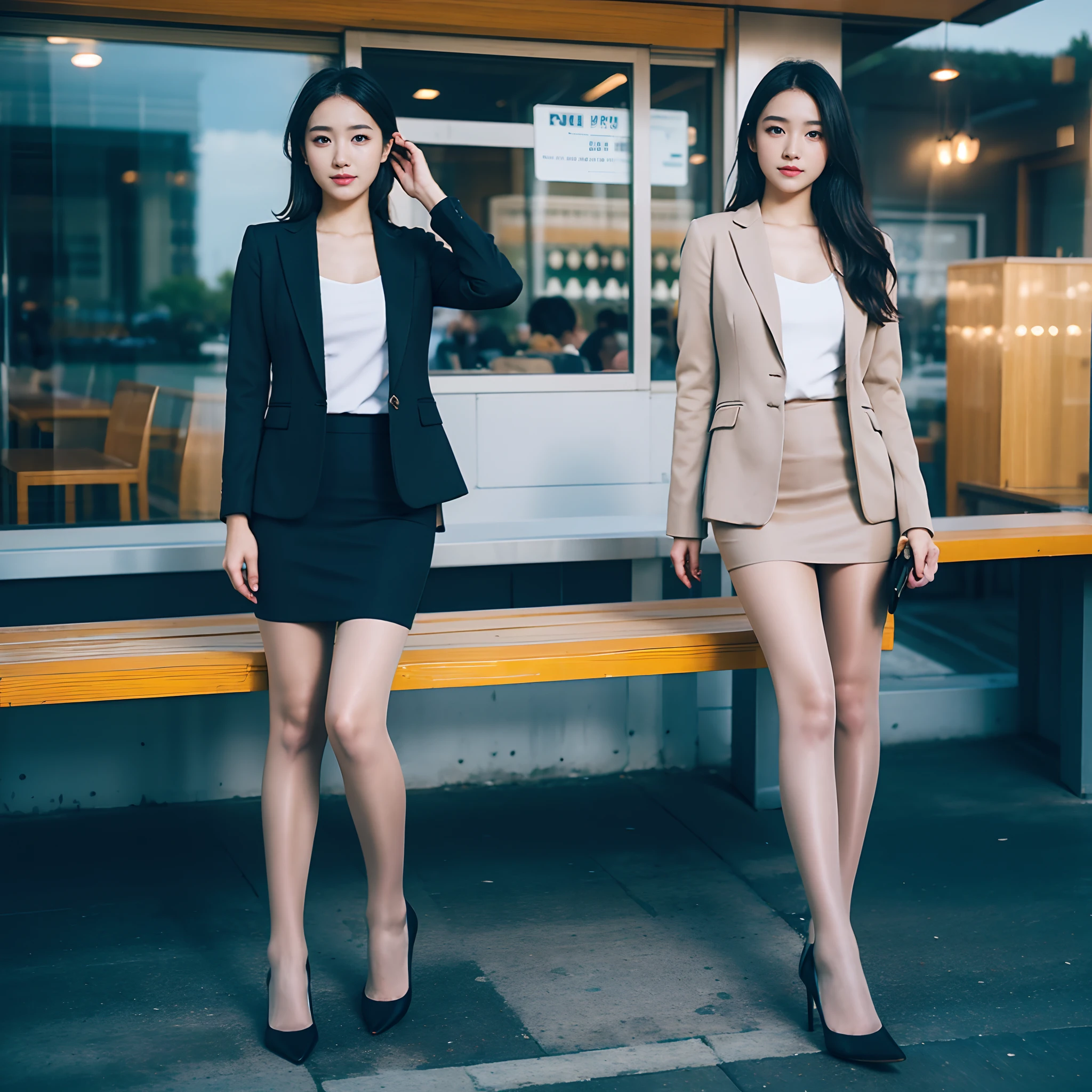 Top quality, Masterpiece, 2 girls, Beautiful face, (Photorealistic photos:1.3), rim lit, (High detail skin:1.2), 8K, Ultra HD, Digital SLR, High quality, High definition, 4K, 8K, Bokeh, (Real: 1.3), Small face, cute one-girl, black formal blazer, Middle breast, Short skirt,Office,Flesh-colored pantyhose,high-heels,two women