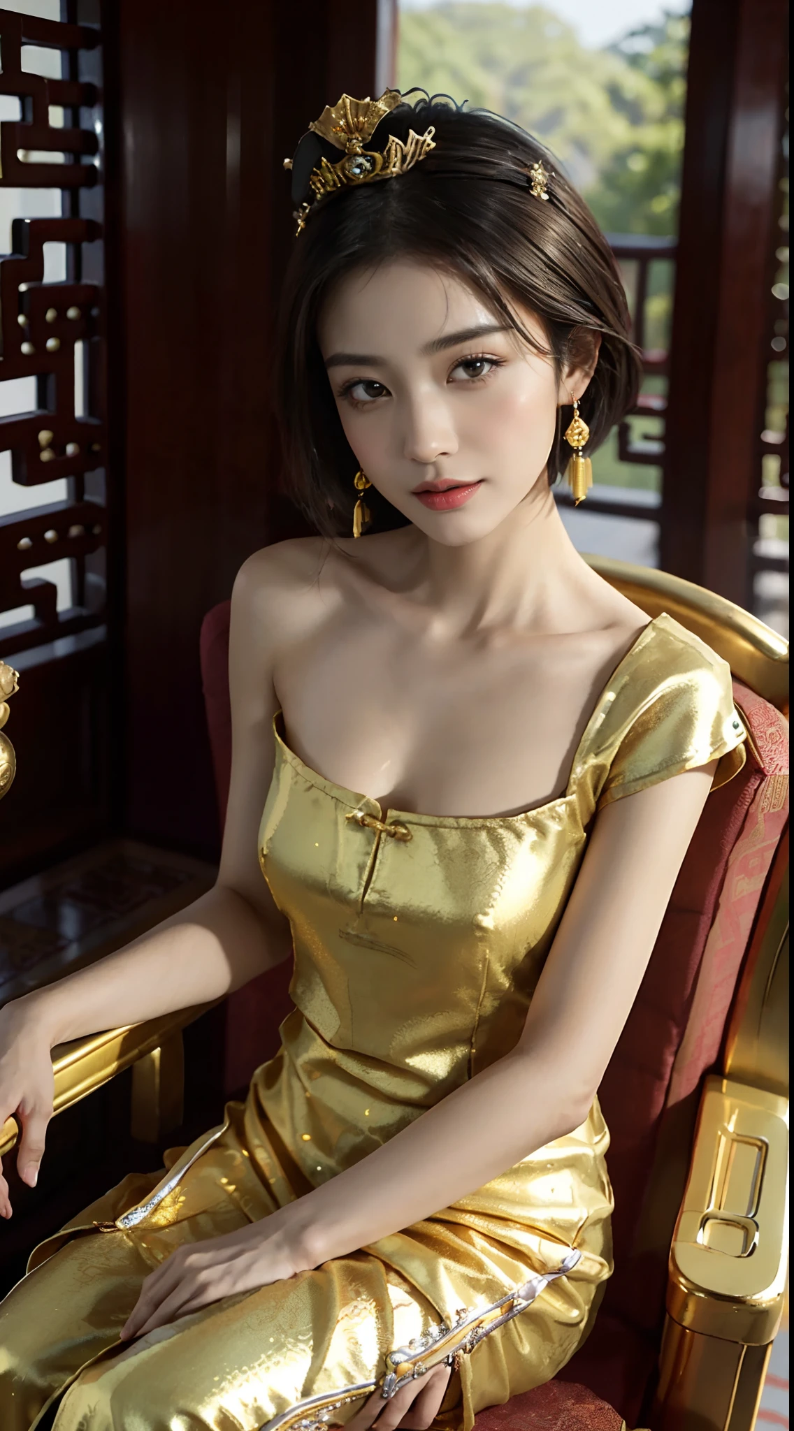 small head, (perfect bodies: 1.1), (short-length straight black short hair: 1.2), （极其细致的CG 8k壁纸），（Extremely refined and beautiful），（masterpiece），（best qualtiy：1.0），（超高分辨率：1.0），[A high resolution]，cheerfulness，Smile,(Smooth and flawless fair skin:1.5),(shiny skin:1.5),ultra - detailed,(Small breasts:1.1),Flat chest,Slim,thin,(gorgeous golden Chinese Dragon style empress Evening long Dress:1.4),jewels,Necklaces, earrings, rings, bracelets,(in Luxury Chinese Palace:1.5)，from front，(Close shot:1.3),cowboy shot,(Portrait above the chest:1.5),bare shoulder,shoulder off,(Sitting upright on the big throne:1.5)