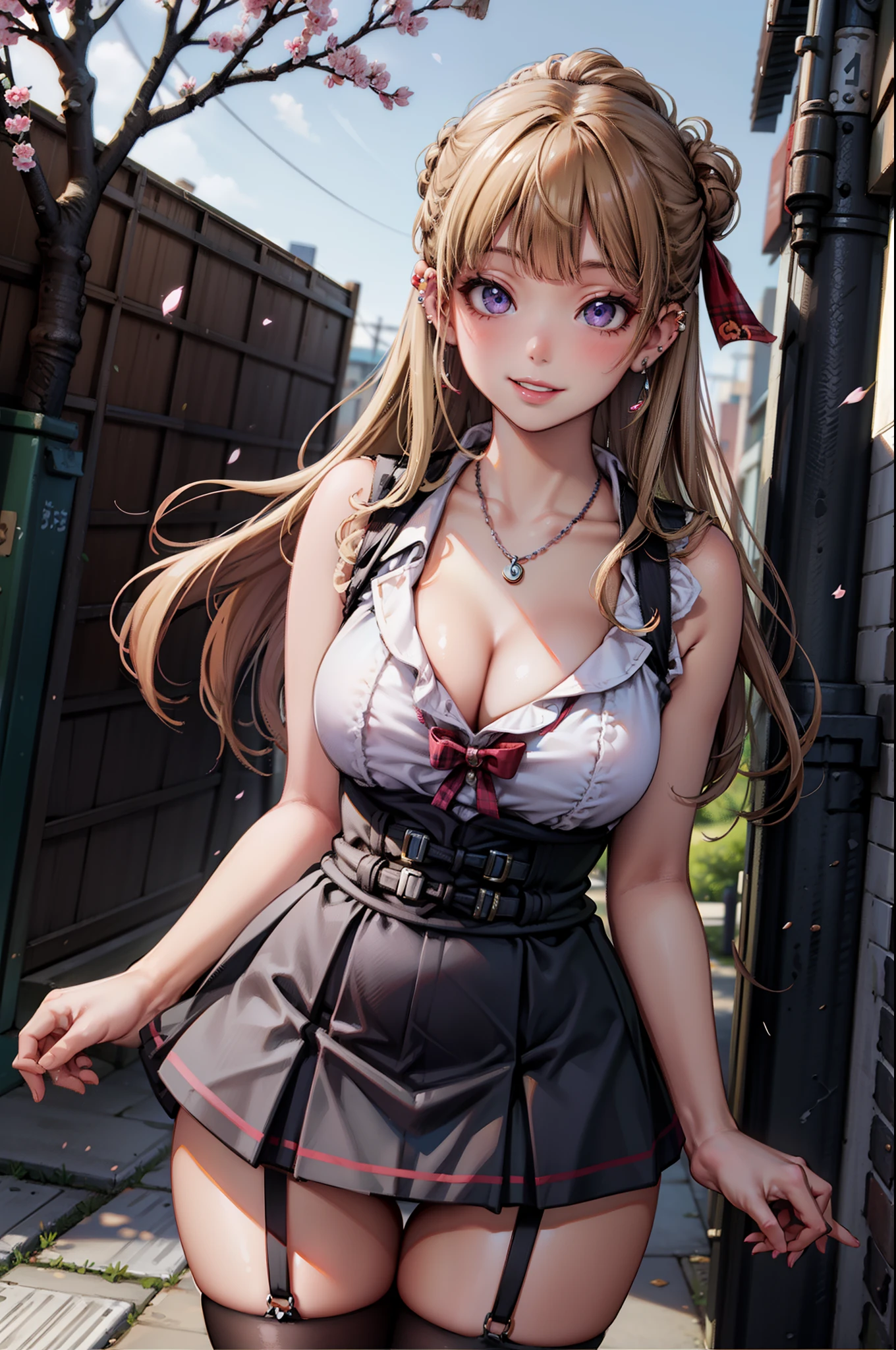 masterpiece, best quality, highres, hs1, light purple eyes, wide hips, thick thighs upskirt, sleeveless, blonde hair, cleavage, long blonde hair, half updo, blunt bangs, pink shirt, black thighhighs, micro skirt, legs apart, plaid skirt, red ribbon, garter straps, huge breasts, bowtie, outdoors, cowboy shot, standing, panties, smile, looking at viewer, thick thighs, jirai kei, street view, sakura, necklaces, ear piercings