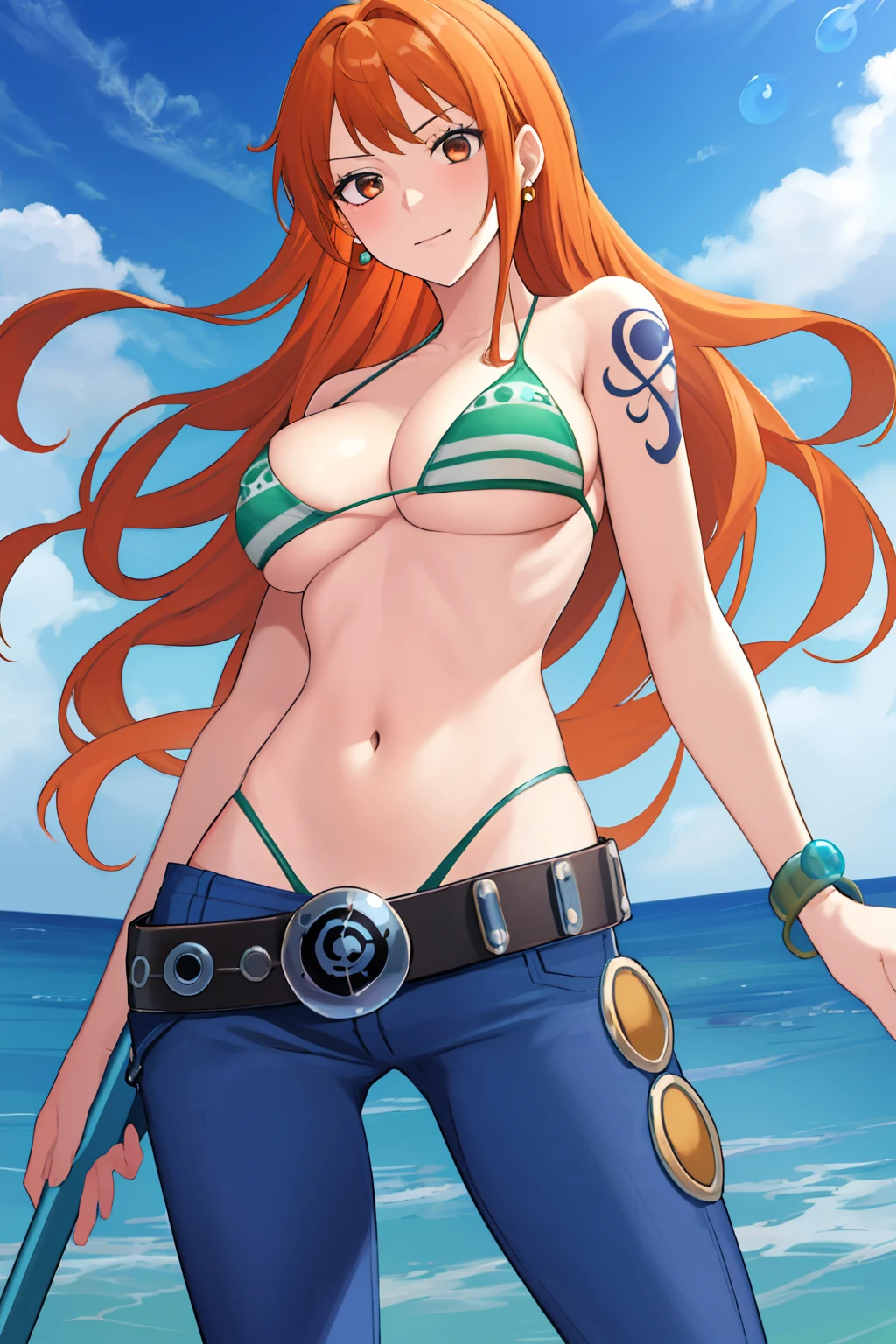 detailed background, masterpiece, best quality, 1girl, wide anime eyes,solo, nami \(one piece\), 1girl, bangle, bangs, bare shoulders, belt, bikini, bikini top only, blue sky, bracelet, breasts, brown eyes, bubble, cleavage, cloud, cowboy shot, day, denim, earrings, floating hair, green belt, green bikini, groin, jeans, jewelry, large breasts, log pose, long hair, looking at viewer, navel, orange hair, pants, shoulder tattoo, sidelocks, sky, solo, standing, toned stomach, swimsuit, tattoo , looking at viewer,whale tail ,thong, (muscular abdomen:0.6)