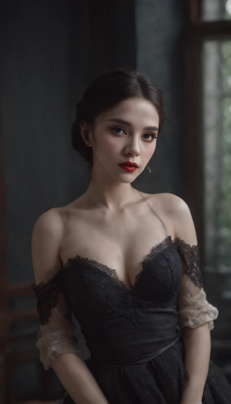 Masterpiece, best quality, 1 girl, solo, natural skin texture, realistic black eyes and facial details :5),(Dark :1. 4), deep shadows, extremely detailed beauty, detailed eyes and face, sharp black eyes, red lipstick, no black eyeliner, detailed Goth costume, ponytail, black hair, Nikon d850 film, surreal, authentic textures, dramatic, lighting, Unreal Engine, (facial clarity :1). 5), (transparent clothes :1); 1) Gothic style, black lace, tattoo, wide hips, long legs, thick thighs, huge boobs,