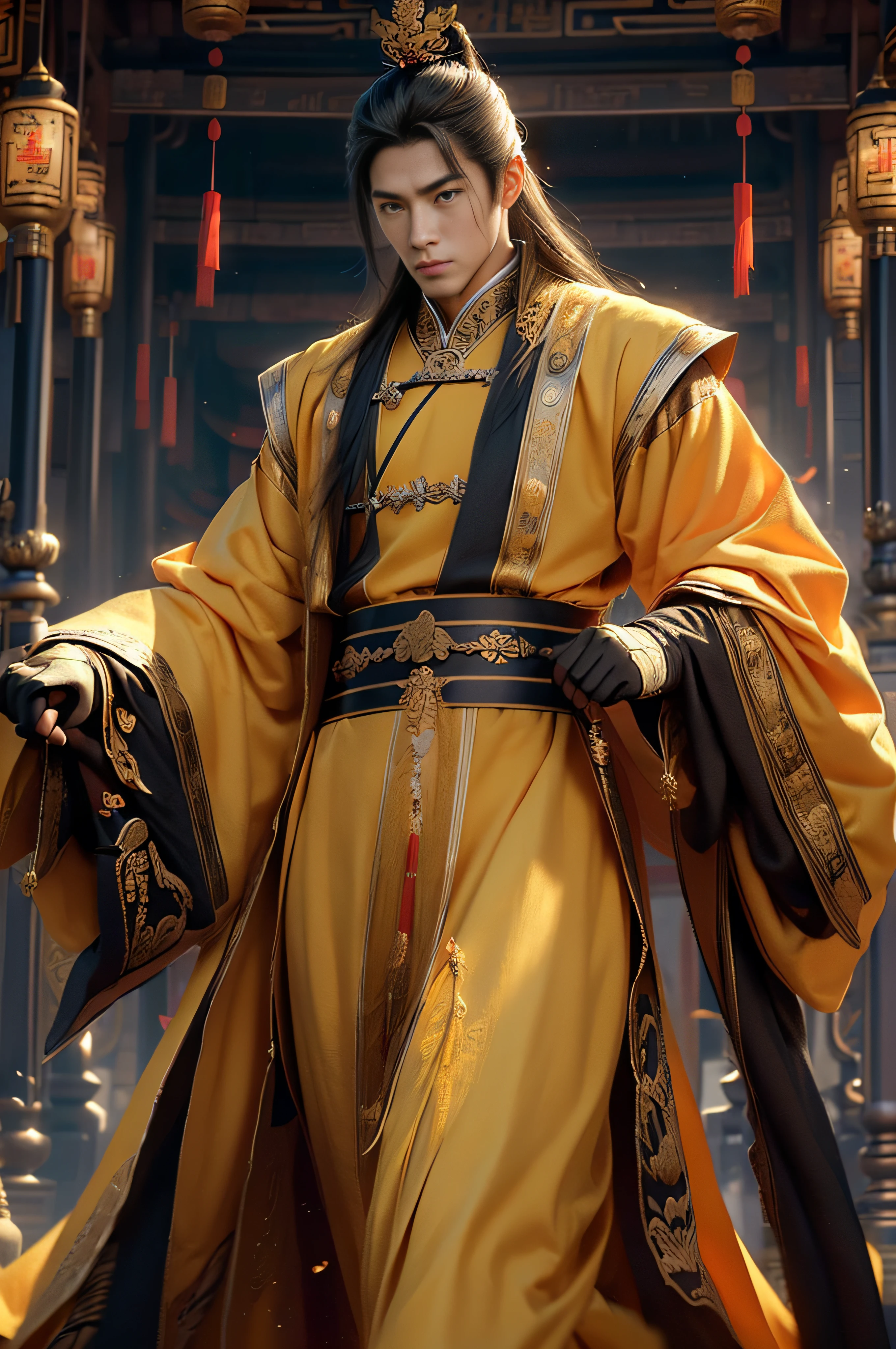 Epic CG masterpiece, Emperor of the Tang Dynasty of China,author：Guopei martial arts,Handsome, The greatest manhood, Straight crown, Golden robes, palace background, Tang dynasty, royal, dynamicposes, Stunning colors, 3D rendering of, surrealism, Cinematic lighting effects, Realism, 00 Renderer, Super realistic,