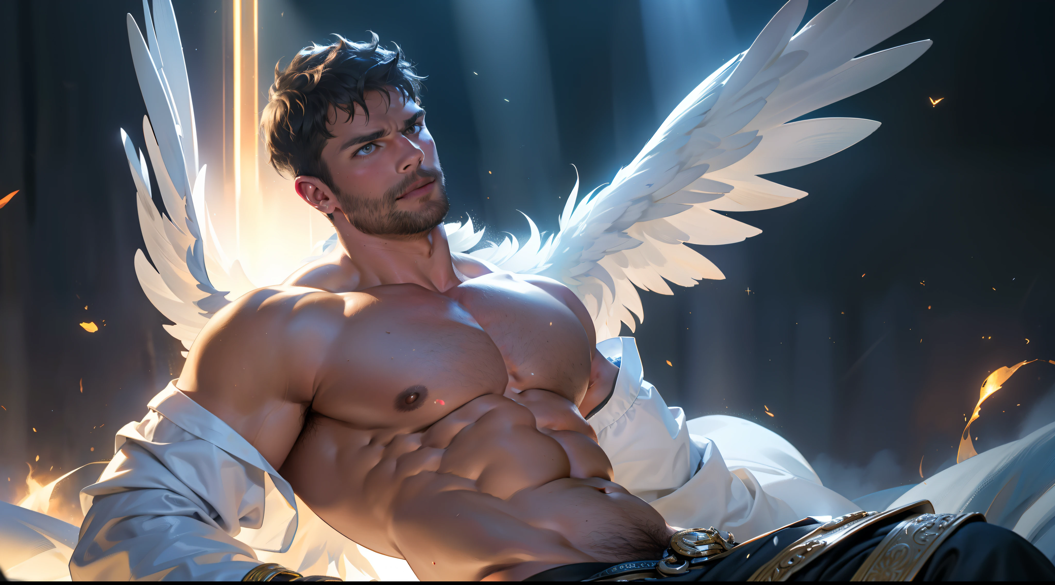 Man with large white feather wings on his back, large wings, Jamie Dornan, eyes of light, wearing a short black beard, wearing a Golden Crown, focus on the details of the face, rays coming out, serious and attractive man, shirtless, showing his chest , magical and real effect, film cover, with magical light explosions, powerful celestial warrior, similar to actor Jamie Dornan, orange magical sky image background, (8k, RAW photo, best quality, masterpiece: 1.2), (realistic, photorealistic: 1.37), professional lighting.