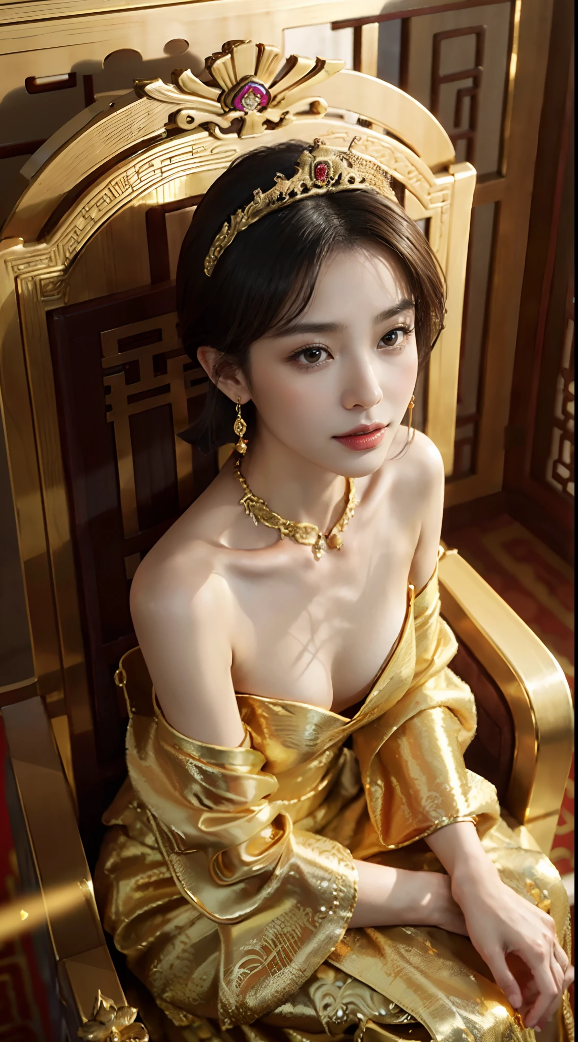 small head, (perfect bodies: 1.1), (short-length straight black short hair: 1.2), （极其细致的CG 8k壁纸），（Extremely refined and beautiful），（masterpiece），（best qualtiy：1.0），（超高分辨率：1.0），[A high resolution]，cheerfulness，Smile,(Smooth and flawless fair skin:1.5),(shiny skin:1.5),ultra - detailed,(Small breasts:1.1),Flat chest,Slim,thin,(gorgeous golden Chinese Dragon style empress Evening long Dress:1.4),jewels,Necklaces, earrings, rings, bracelets,(in Luxury Chinese Palace:1.5)，from front，(Close shot:1.3),cowboy shot,(Portrait above the chest:1.5),bare shoulder,shoulder off,(Sitting upright on the big throne:1.5)