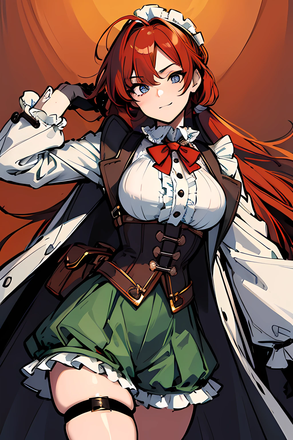 (absurdres, 8k, 4k, masterpiece, hyper extreme detailed:1.2), solo, 1girl, side view portrait, best quality, expressive eyes, perfect face, 1girl, portrait, solo, Female, mature female, adult, red hair, orange gradients, braided wavy pony tail, hair covering left eye, medium, braided hair, victorian clothing, adventurous, cool, confident, incredible, explorer, shorts, long coat, bow, suave, charismatic, tan long sleeve shirt, frilly shirt, necklace, locket, cowboy shot, half body, perfect anatomy, hand brushing through hair, choker, brown corset, sash, large belt, victorian, Shakespearean, actor, theatrical, smile, happy, brilliant, wearing oversized_coat, dark seafoam green, cloak, hands outstretched, white shirt, frilly shirt, sleeve frills, bag, corset, gloves, shoulder bag, thigh holster, thigh strap, suspenders, flowing hair, windy hair, wind, ponytail, steampunkai