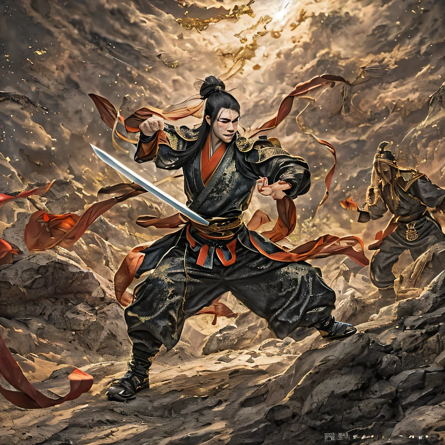 （（（Multiplayer fight scenes）））（（Luohan Fist））（（Seven Star Fist））（Pedal towards the sky）Qin Yu flew into the Immortal Demon Realm, Chance encounter with Liu Hanshu, He saw in him his former self, It was decided to take him as an apprentice, Teach him how to protect himself, But because of the Tibetan star map, He established relationships with the Liu family and the Jade Sword Sect, It opens with the death of Liu Hanshu, Qin Yu embarked on the road of confrontation with a strong enemy, Working hard, Make yourself stronger, Stick to your own core path of justice, I also want to protect the people I care about, The three brothers took off, And embarked on a long journey to find a good brother, Qin Yu, Where are Xiao Hei and Hou Fei（canyons）Climb the streets（Doomsday Stream）eyes filled with angry，He clenched his fists，Rush up，Deliver a fatal blow to your opponent，full bodyesbian，Full Body Male Mage 32K（Masterpiece Canyon Ultra HD）Long flowing black hair，Campsite size，zydink， The wounded lined up in the streets（canyons）Climb the streets， The scene of the explosion（canyons）， （Linen batik scarf）， Angry fighting stance， looking at the ground， Batik linen bandana， Chinese python pattern long-sleeved garment， canyons（Abstract propylene splash：1.2）， Dark clouds lightning background，Flour flies（realisticlying：1.4），Black color hair，Flour fluttering，rainbow background， A high resolution， the detail， RAW photogr， Sharp Re， Nikon D850 Film Stock Photo by Jefferies Lee 4 Kodak Portra 400 Camera F1.6 shots, Rich colors, ultra-realistic vivid textures, Dramatic lighting, Unreal Engine Art Station Trend, cinestir 800，Flowing black hair,（（（contest）））The wounded lined up in the streets（vale）Climb the streets，Movie master real-time image quality