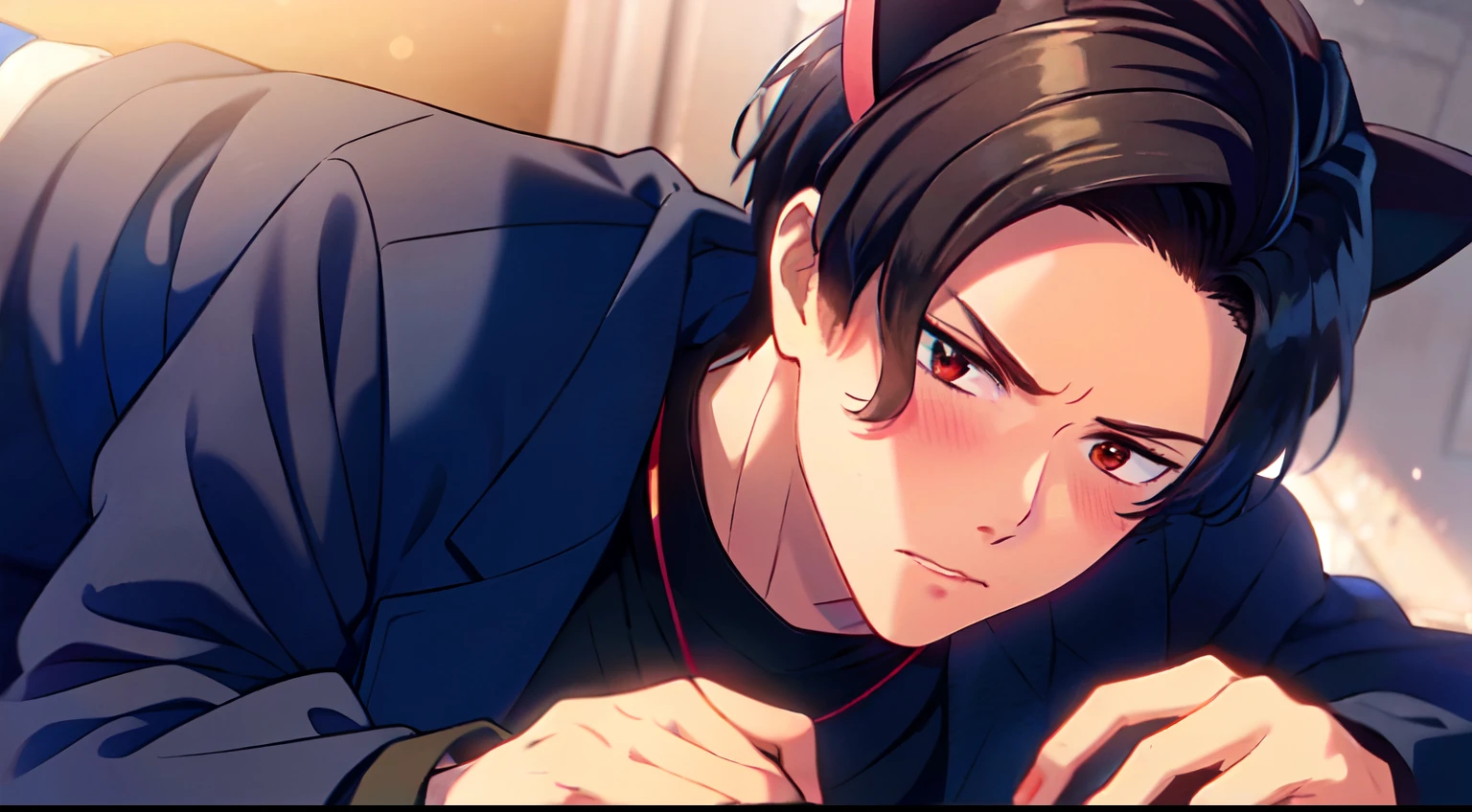 masterpiece, 1Man, luci, red eyes, black hair, flustered, blush, cat ears
