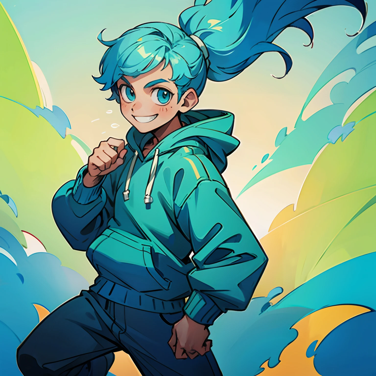 ((solo)), boy character, blue and mint colors, hoddie, fighter, smile