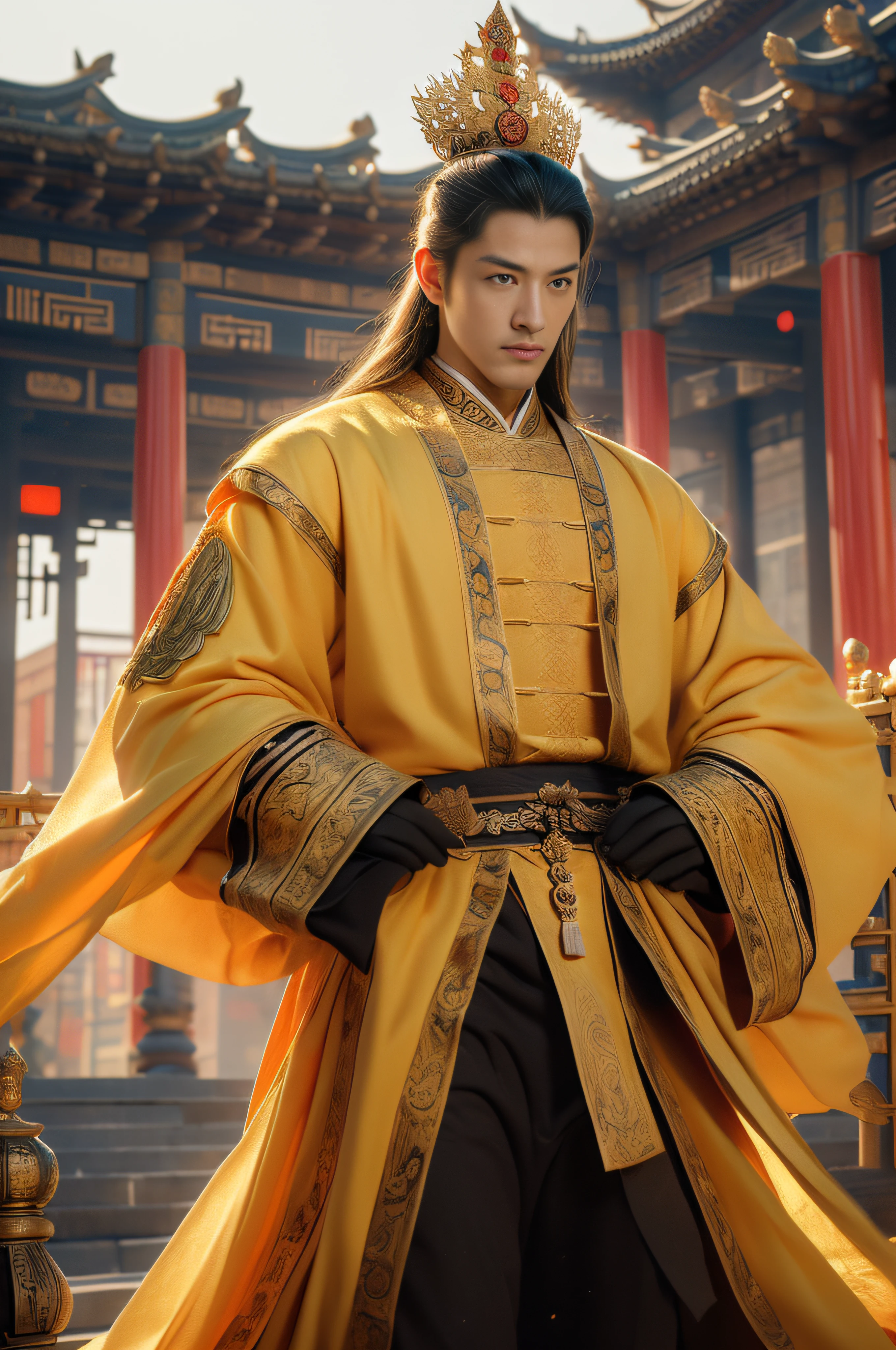 Epic CG masterpiece, Emperor of the Tang Dynasty of China,author：Guopei martial arts,Handsome, The greatest manhood, Straight crown, Golden robes, palace background, Tang dynasty, royal, dynamicposes, Stunning colors, 3D rendering of, surrealism, Cinematic lighting effects, Realism, 00 Renderer, Super realistic,