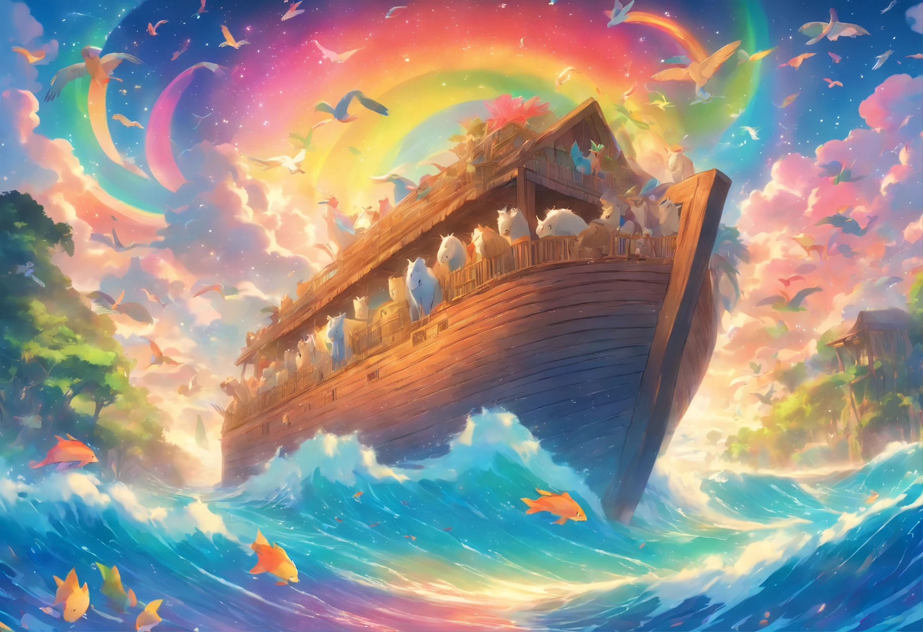 A serene, detailed painting of Noah's Ark, featuring a vibrant rainbow and diverse animal pairs peacefully embarking on their journey, surrounded by gently rolling waves and framed by lush foliage - an artistic interpretation that highlights the beauty of harmony and collaboration among species. neowrsk.