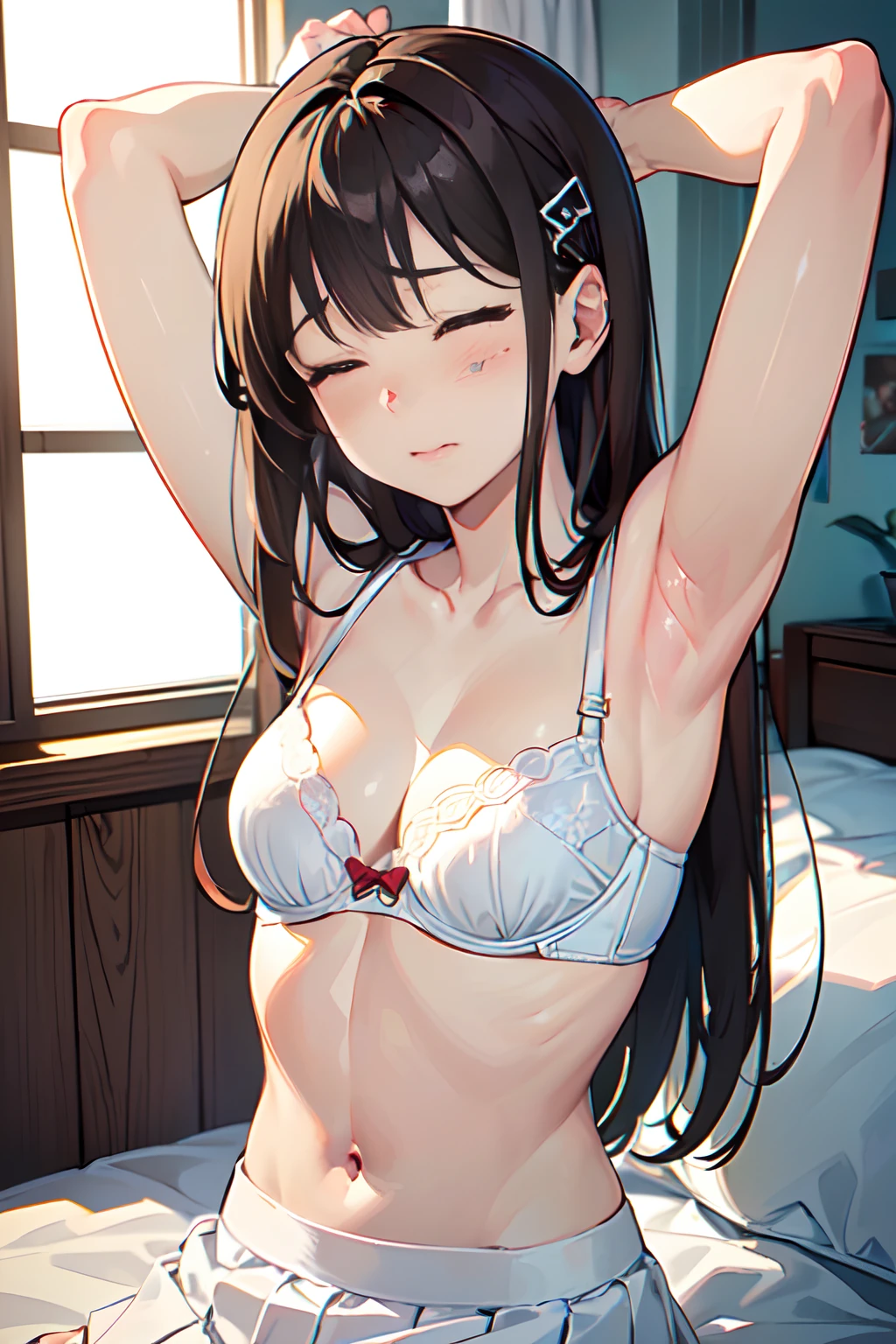 ((masutepiece, Best Quality, hight resolution, nffsw, Perfect Pixel, depth of fields, 4K, nffsw, nffsw))), 1girl in, Single, Solo, Beautiful anime girl, Beautiful Art Style, Anime Character, 14 years old, ((Long hair, Bangs, dark brown hair, straight haired:1.4, hair pin)), ((Detailed face, Blushing:1.2)), ((Smooth texture:0.75, Realistic texture:0.5, Anime CG style)), ((small tits)), Indoor, Bedroom, Side Angle, Perfect body, Hands-up, Armpit, ((Falling asleep in bed:1.8, Supine:1.95, Sleeping Pose, Closed eyes)), ((close up, POV, Cute, Shoot in the face, The look of sighs)), ((White sweater, Skirt, Bra visible from inside clothes)), Natural light