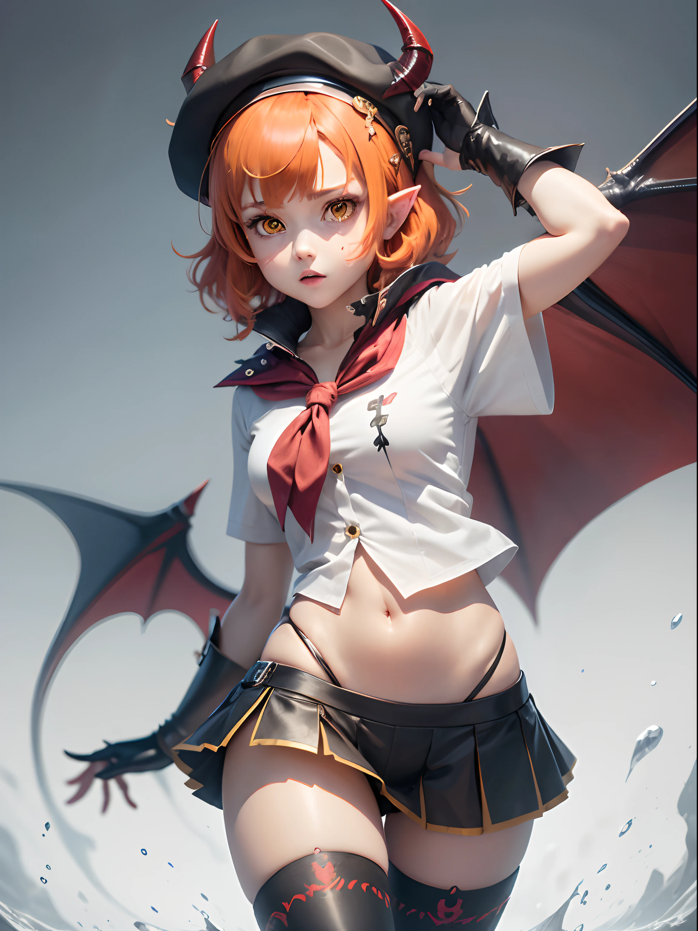 masutepiece, Best Quality, 1girl in, Solo, Yellow eyes, Red hair, Medium chest, Demon Girl, demon tail, Demon Wings, small demonic horns, pointy ear,Twin-tailed, Bat hair ornament, Cape, White shirt, White legwear, stuffed toy, plushies, beret, gloves, Bangs, short-hair,hat ,(Soft skin texture),Open your crotch,,urinate,Foam on the body,Sex in bed,Open the crotch,White foam flows out of the crotch,Gel bukkake,pissing,AHE Face,Open your crotch and press it against the camera,climax,,convulsion、Squirting,Medium 2,