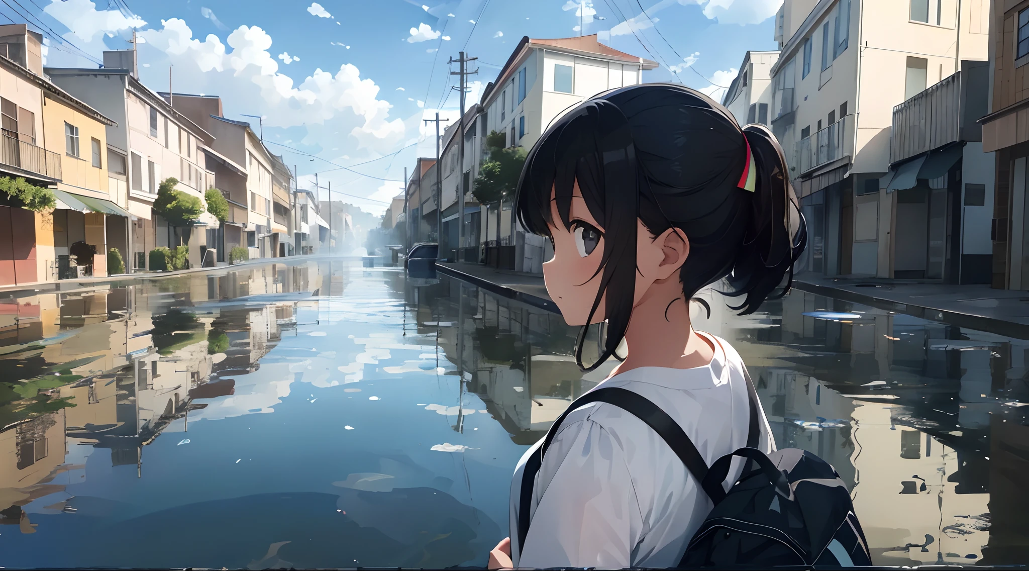masterpiece, best quality, (ruined city), multiple girls, (closeup), 18yo teen, slim, small breast, smile, tired, wading in water, white t-shirt, white panties, goggles on head, (backpacks), blue sky, bright sunlight, (flood:1.2), street under water, city ruins, watercolor
