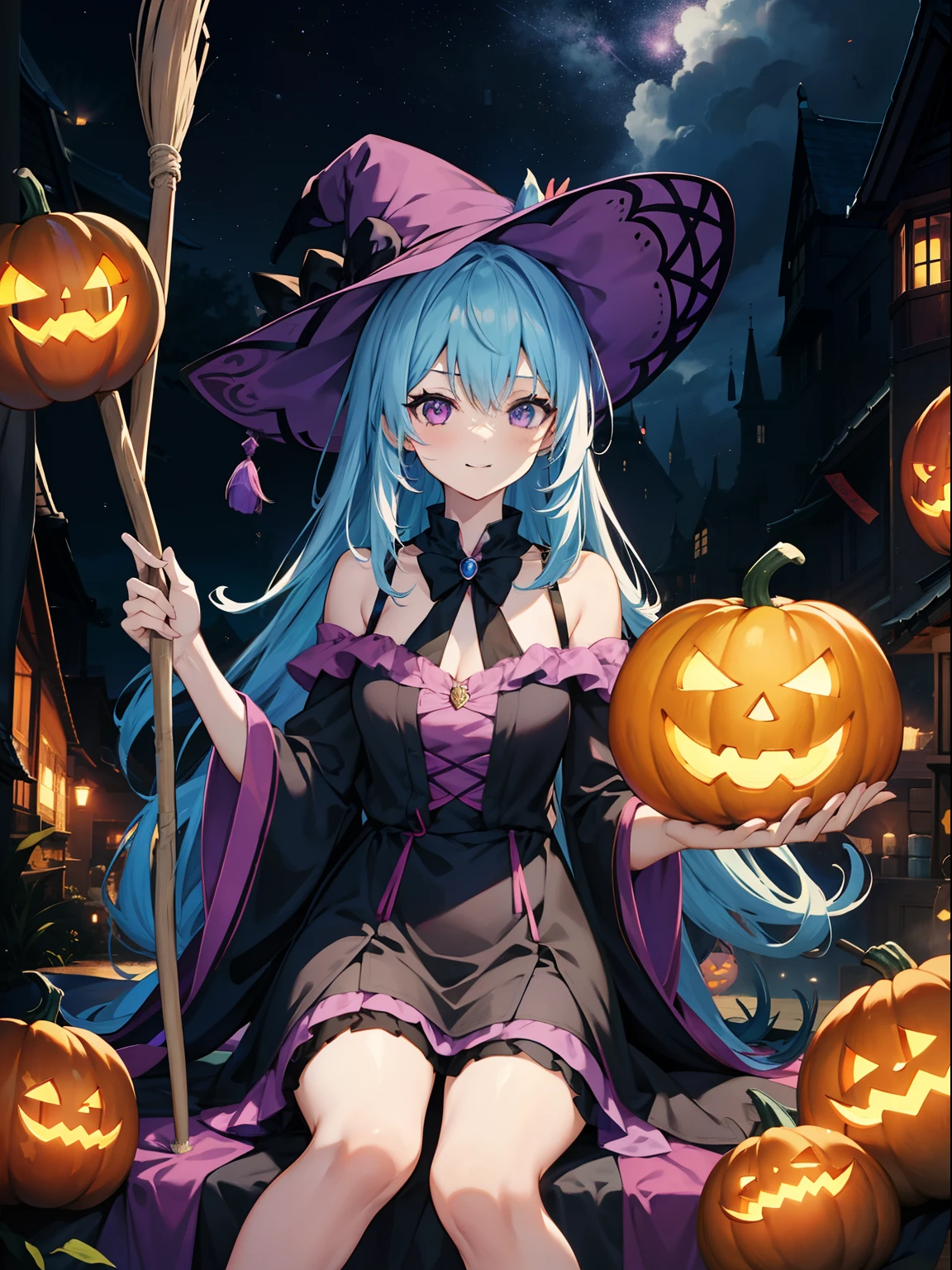 (Sky blue braided medium length hair), (Pink Eyes),Fair skin) ,(whole body),(One Girl),(Crescent Moon),(There are many pumpkin ghosts in the background),(Trick or Treat),Halloween Party),(masterpiece, Highest quality, Very detailed, Best Shadow), (Detailed Background), (Beautifully detailed face), High Contrast, (Best lighting, Very delicate and beautiful), ((Cinematic Light)), Hyper Detail,8k, Dramatic Light, Intricate details,witch'Clothes,Magic broom,night,Flying bats in the sky,