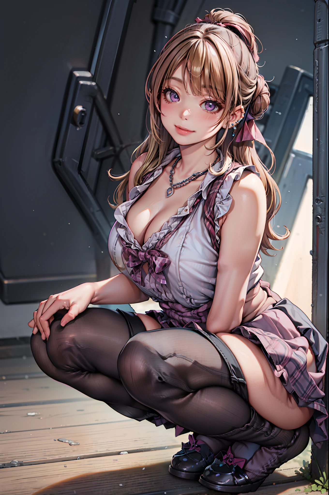 masterpiece, best quality, highres, hs1, light purple eyes, wide hips, thick thighs, sleeveless, blonde hair, cleavage, long blonde hair, half updo, blunt bangs, pink shirt, black thighhighs, micro skirt, legs apart, plaid skirt, red ribbon, baggy socks, white leg warmers, huge breasts, bowtie, outdoors, cowboy shot, squatting, panties, smile, looking at viewer, thick thighs, jirai kei, street view, sakura, necklaces, ear piercings