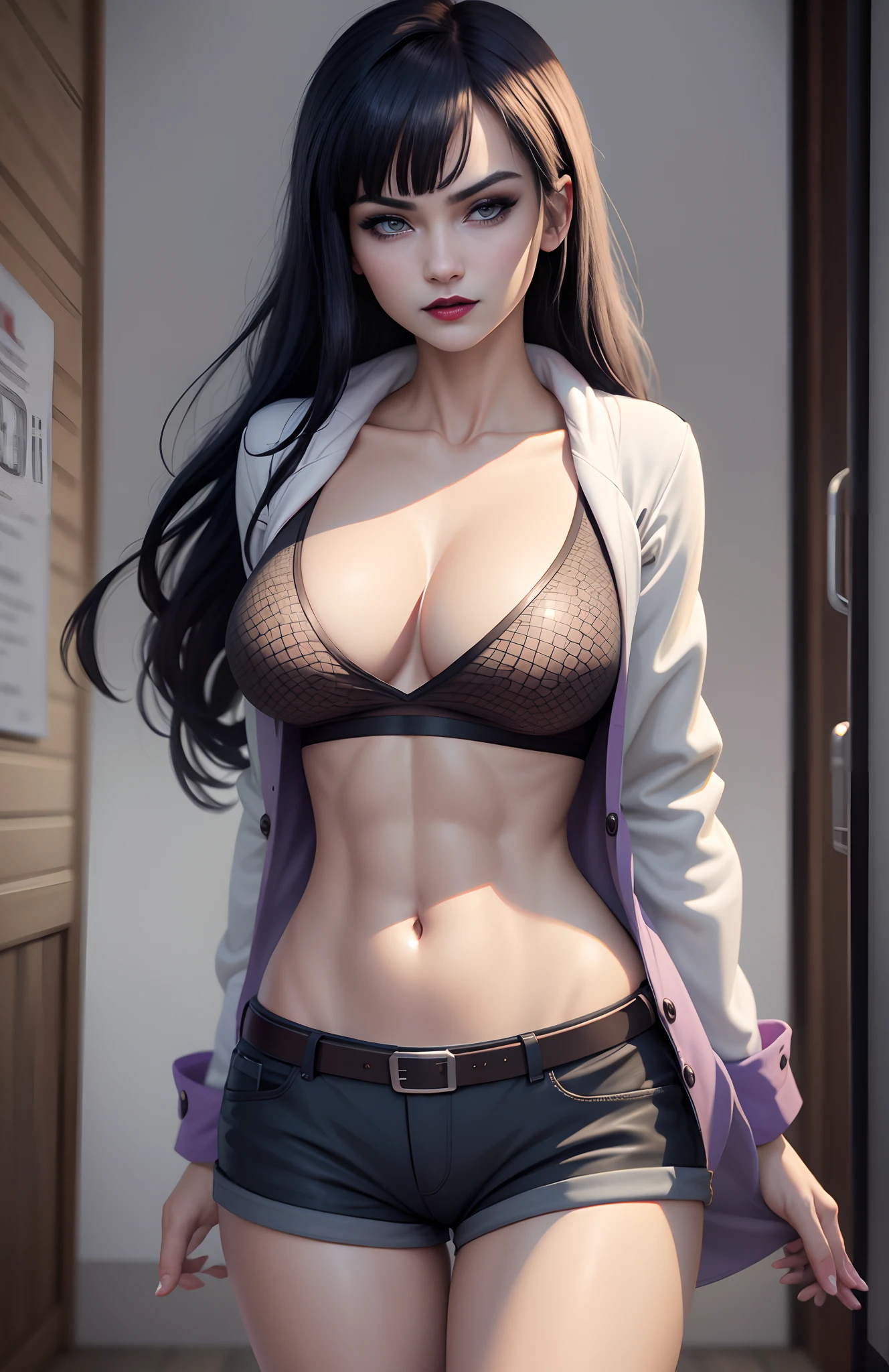 master part, extremely high quality, high resolution, sozinho, Interior, deitar, detail maniac, disco Rigido, alta qualidade, Rosto detalhado, Membros detalhados do corpo, circunstanciado, 1 girl, sozinho, Hyuga Hyuga, Roupas Hyuga sem mangas, cama, camisa sem mangas, roupa de rede de pesca, Dark lips, buttonless jacket, no-bra, exposto, corar, meias claras brancas, roupas transparentes, leaking private parts, R 18, realidade, female , racing liquid