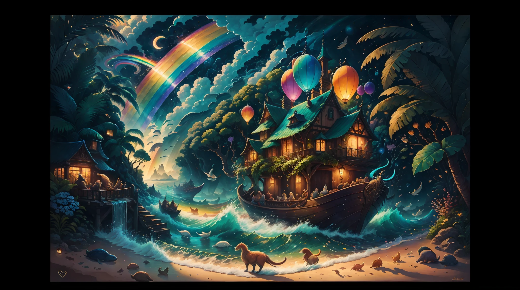 A serene, detailed painting of Noah's Ark, featuring a vibrant rainbow and diverse animal pairs peacefully embarking on their journey, surrounded by gently rolling waves and framed by lush foliage - an artistic interpretation that highlights the beauty of harmony and collaboration among species.