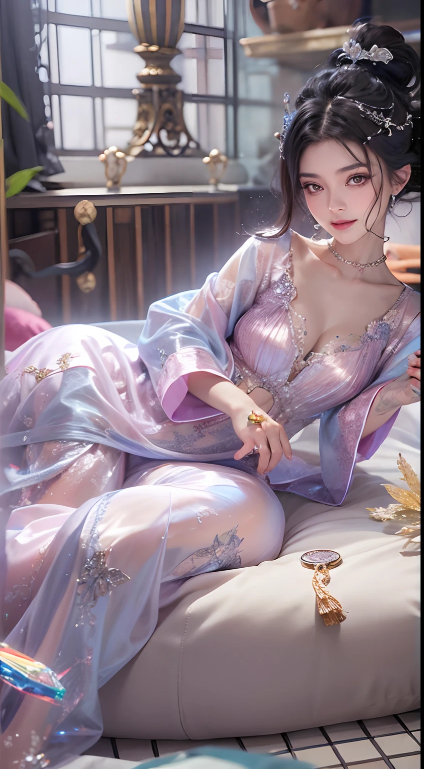 1girll,（Enchanted quality：1.4），（True textured skins of the highest quality), Delicate face,Black hair, Gradient Hair, petite body,（perfect bodies：1.1）, There is a jewel on the forehead, rimless eyewear, PUPILS SPARKLING，long eyelasher,grin, hyperphotorealism, Cinematic lighting, projected inset, surrealism, hyper HD, masutepiece, 16 K，Lie down，Dream On，Please wear clear silk pajamas,Carmelto,legs slightly open，tattooed，Fantasy space，Luxurious space
