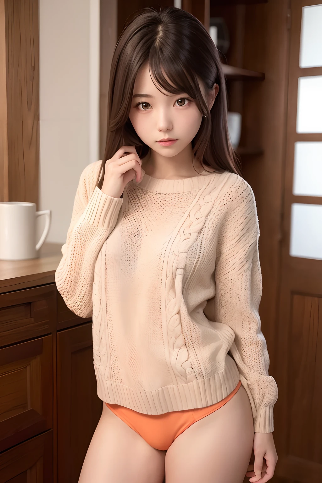 ((masterpiece:1.4, best quality)), (1girl), (perfect anatomy), BREAK,
wearing aran sweater, cute girl, (messy hair), (light orange eyes),
small breasts, contrapposto,
