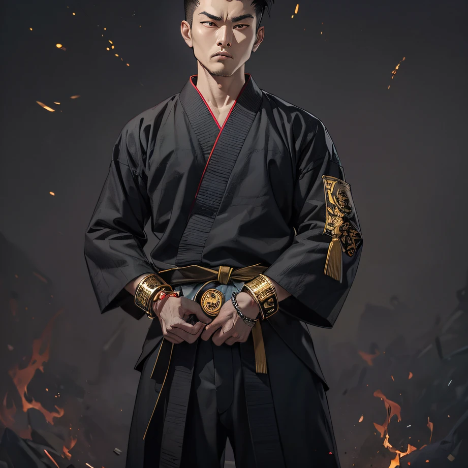 an Quority , black in color, Linen torn pants with an ancient pattern, 10 large gold fire ring bracelets for both hands, The position of martial arts experts. Flame halo effect, Fire particles, Fire HD with a dark light, Ring of Fire Martial Arts.Fire iron bracelet martial arts.Luohan Fuhu Fist