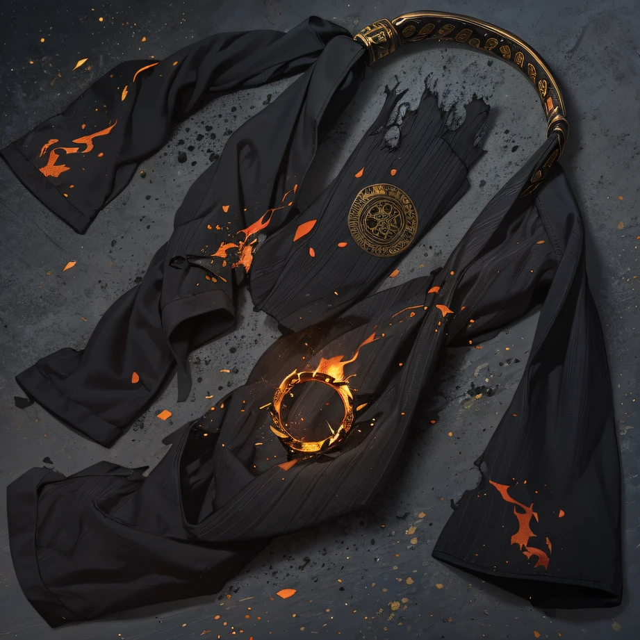 an Quority , black in color, Linen torn pants with an ancient pattern, 10 large gold fire ring bracelets for both hands, The position of martial arts experts. Flame halo effect, Fire particles, Fire HD with a dark light, Ring of Fire Martial Arts.Fire iron bracelet martial arts.Luohan Fuhu Fist