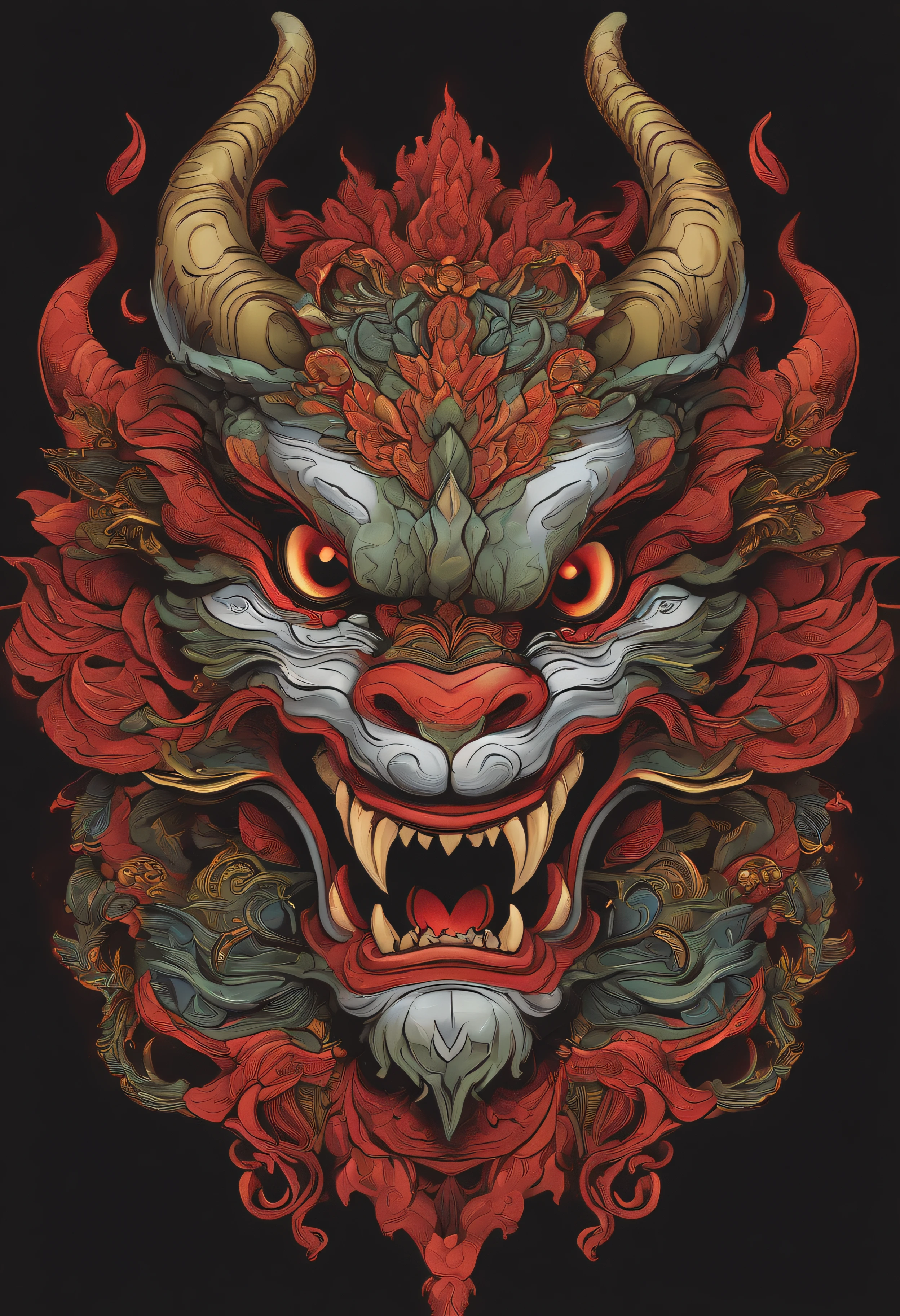 Sticker illustration on white background, Goblin face painting in the shape of a dragon, Qiu Tianwang, Painting in the oriental style, Tengu Mask, Demon Samurai Mask, Asura in Chinese mythology, Bold contour style, Jagged edges, Front Painting, recycle bin, Light Shading --V 5.2