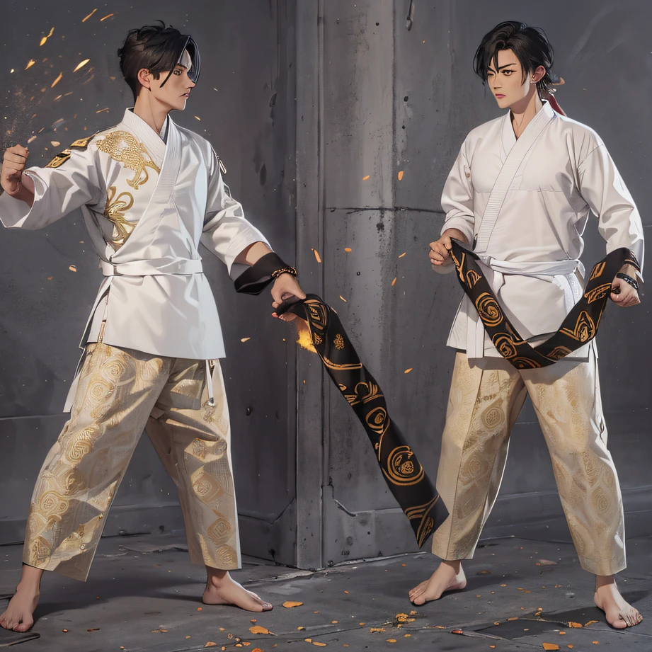 an Quority , black in color, Linen torn pants with an ancient pattern, 10 large gold fire ring bracelets for both hands, The position of martial arts experts. Flame halo effect, Fire particles, Fire HD with a dark light, Ring of Fire Martial Arts.Fire iron bracelet martial arts.Luohan Fuhu Fist