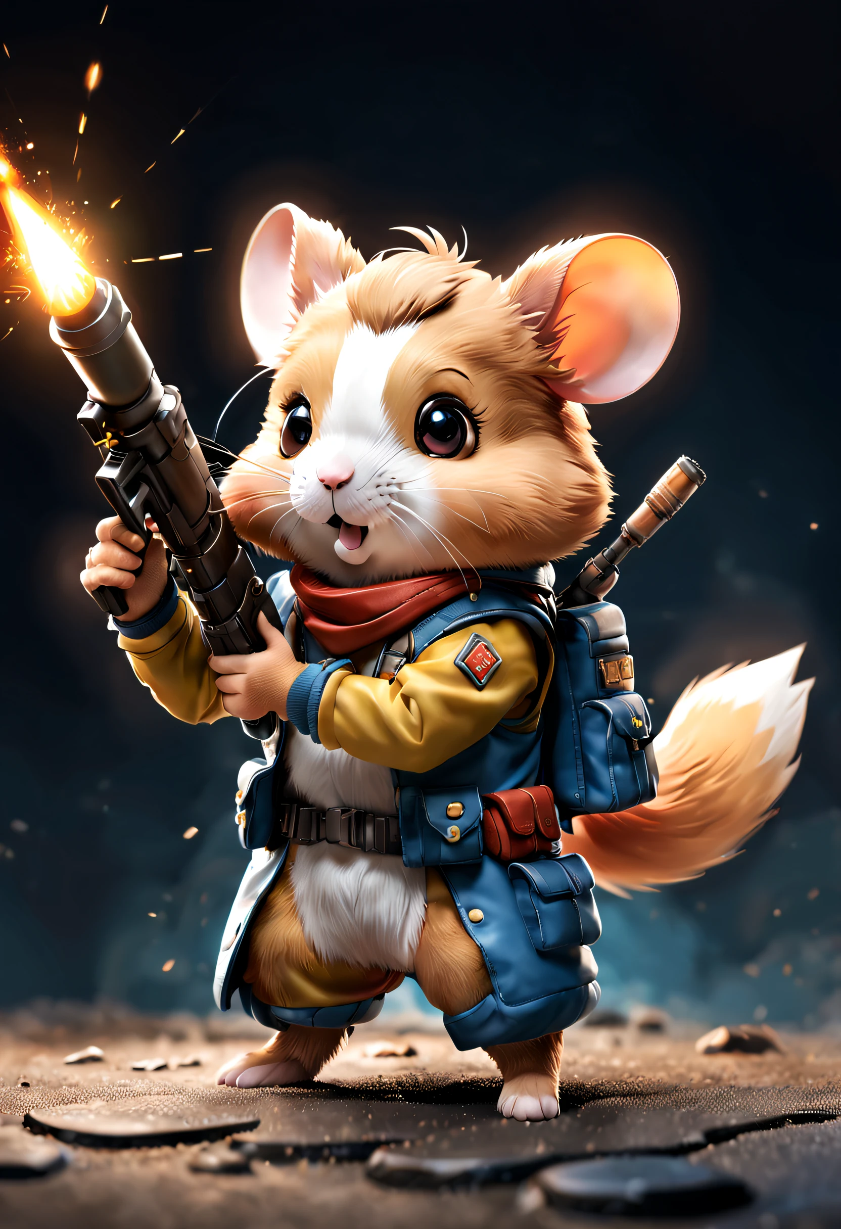 full body Esbian、Cool hamster、Pop hamster、diorama、symple background、White background、bandana、Holding a rocket launcher in your hand、masterpiece, Best Quality, Capture super cute moments, depth of fields, ultra-detailliert, Ultra High Resolution, Octadale, 8K, 16 K
