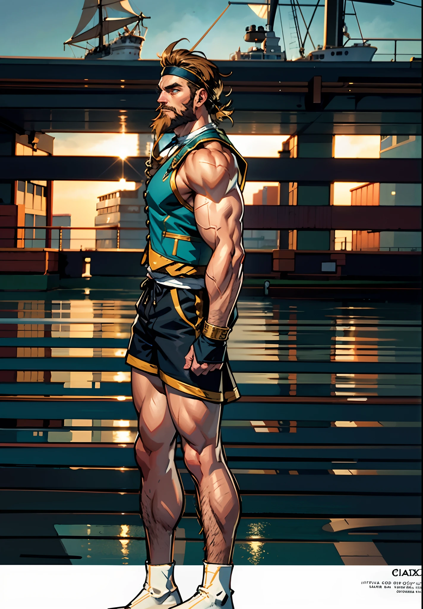 foto de un (hombre) musculoso y barbudo con un desgastado ((chándal ?????? amarillo diminuto que revela la piel, enormes pectorales peludos)), pectorales grandes, brazos grandes, gran bulto, ((bokeh claro)), intrincado, elegante, ??????, exudante s