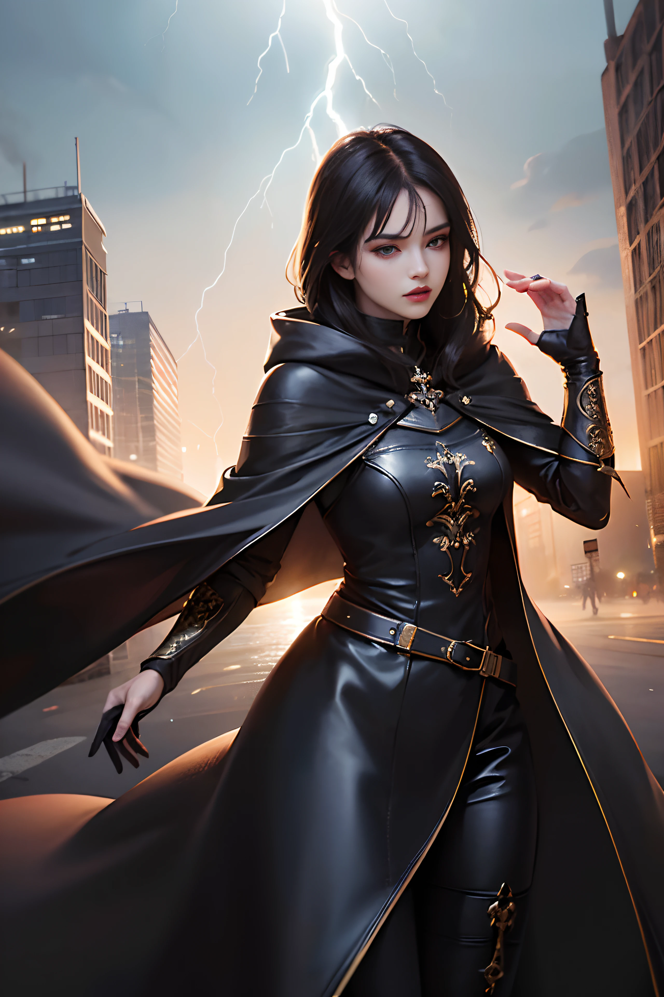 (skindentation:1.5), Realistic, Photorealistic, (masterpiece:1.5), concept art, intricate details, highly detailed, photorealistic, octane render, 8k, unreal engine, dynamic pose, best quality, highres, (realistic face:1.1), (hyperrealistic:1.1), ((full_body)), perfect eyes,(shiny skin:1.2), (((hairstyle))), (((perfect hands))), (extremely detailed background), ((dynamic background)), ((lightning)), (light rays), ((1girl)), wearing long leather cloak, black leather long pants, (((flowing cloak))), ((detailed eyes, high quality eyes, high quality face)), (extremely intricate cloak, magical cloak), long black hair, casting lightning, electricity, swirling fire, radiating power, ((dramatic)), epic, city, depth of field, bokeh, 4k, motorcycle